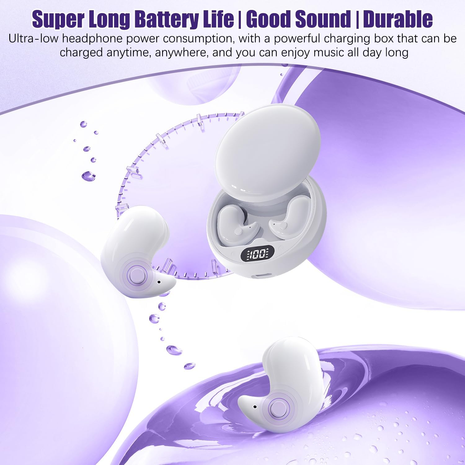 Sleep Ear Buds, Invisible Sleep Wireless Earphone, Comfortable Fit LED Power Display Clear Sound for Sleeping Working Hiking (White) - Black image number 5