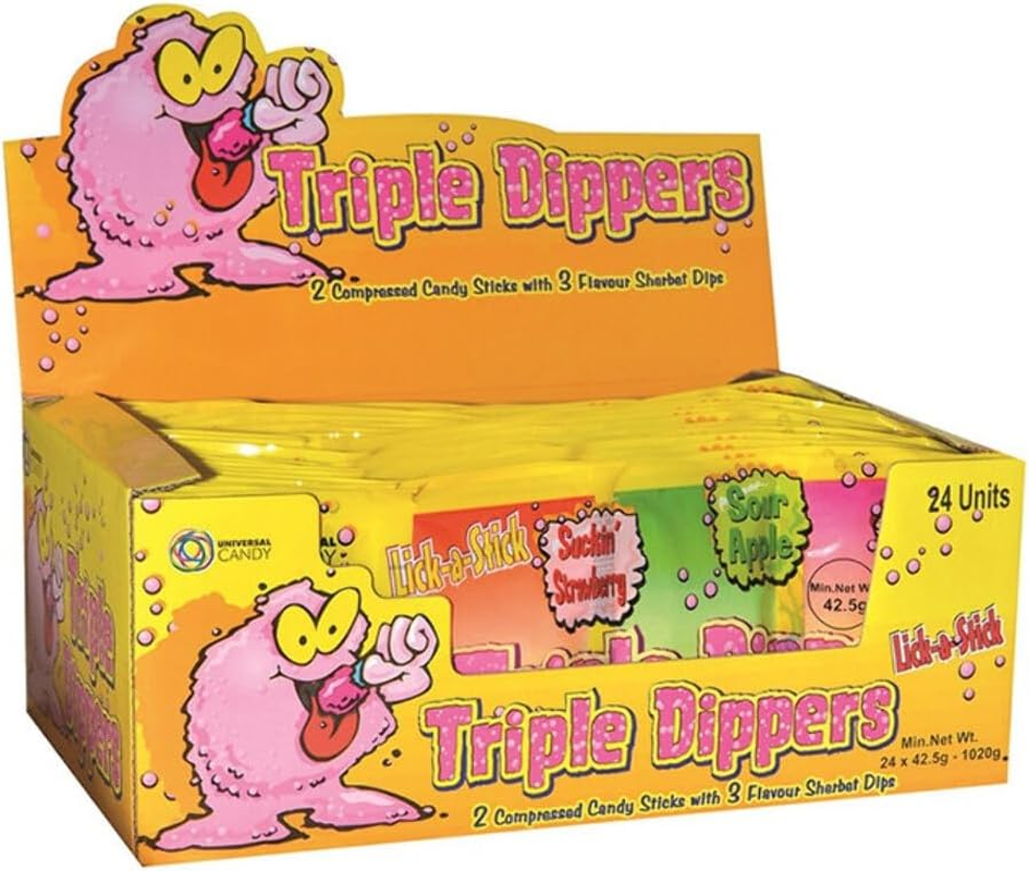 Universal Candy Triple Dippers Sherbet, Suckin Strawberry, Sour Apple & Chompin Cherry, 42.5 G, Pack of 24
