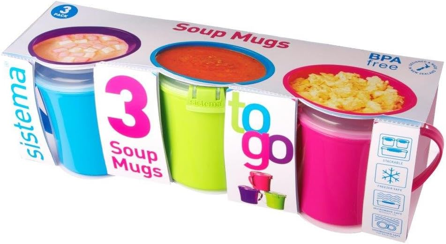 Sistema 3-Pack Assorted Colours Soup Mugs to Go, Plastic, 656Ml, Modern, Reusable, Microwave Safe, Round, 3 Count image number 1