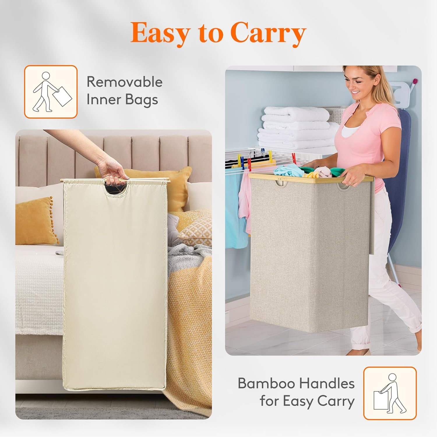 Lifewit 160L Double Laundry Hamper with Lid, Extra Large Bamboo Laundry Basket Dirty Clothes Hamper, 2 Section Laundry Bin Organizer for Laundry Room Bedroom with 2 Removable Liners & Bags, Beige image number 6