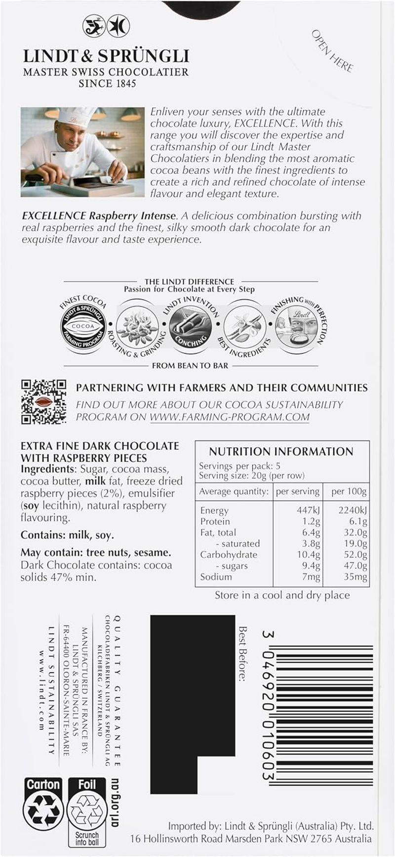 Lindt Excellence Raspberry Intense Dark Chocolate Block 100G image number 2