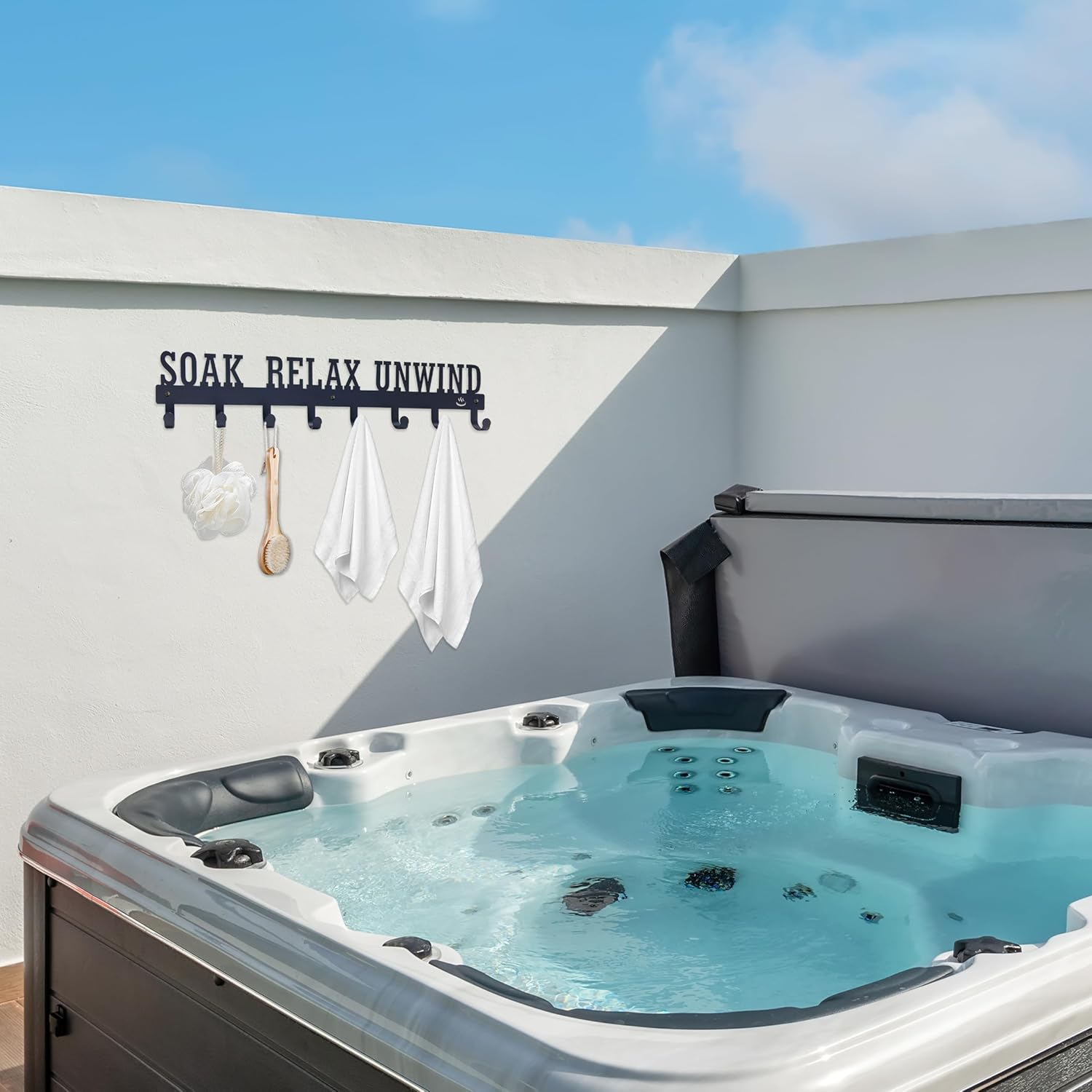 Noxozoqm Hot Tub Towel Rack for Outdoor 16.5 Inches, Hot Tub Accessories Holder with 8 Hooks, Towel Rack for Bathroom and outside Hot Tub, Wall Mount Towel Organizer for Towels,Coats and Robes, Black image number 3