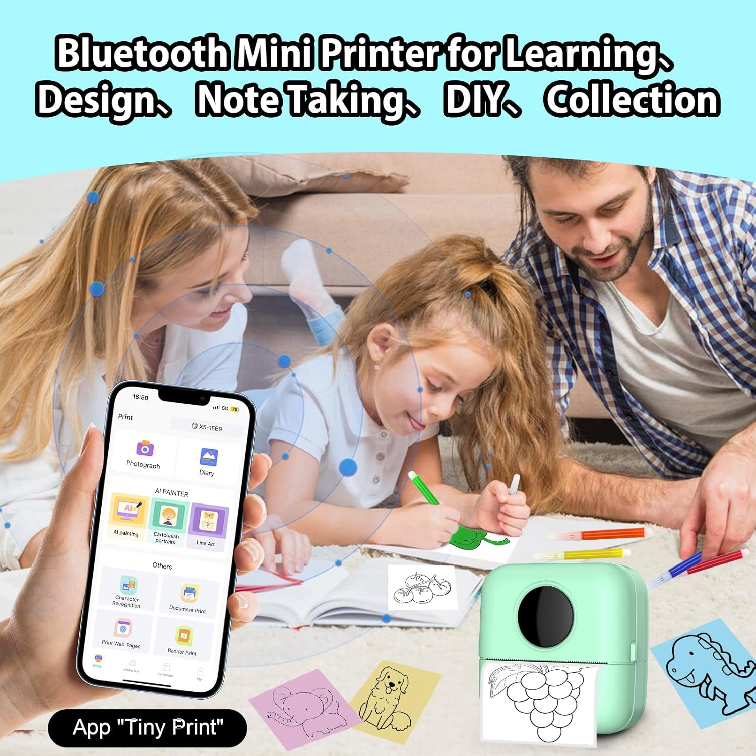 Huijukeji Inkless Sticker Printer Mini Thermal Printer with 10 Rolls Thermal Paper,Color Pen for Ios&Android, Bluetooth Pocket Printer Smart Portable Receipt Printer for Photo Journal Notes Memo-Green - Orange image number 3