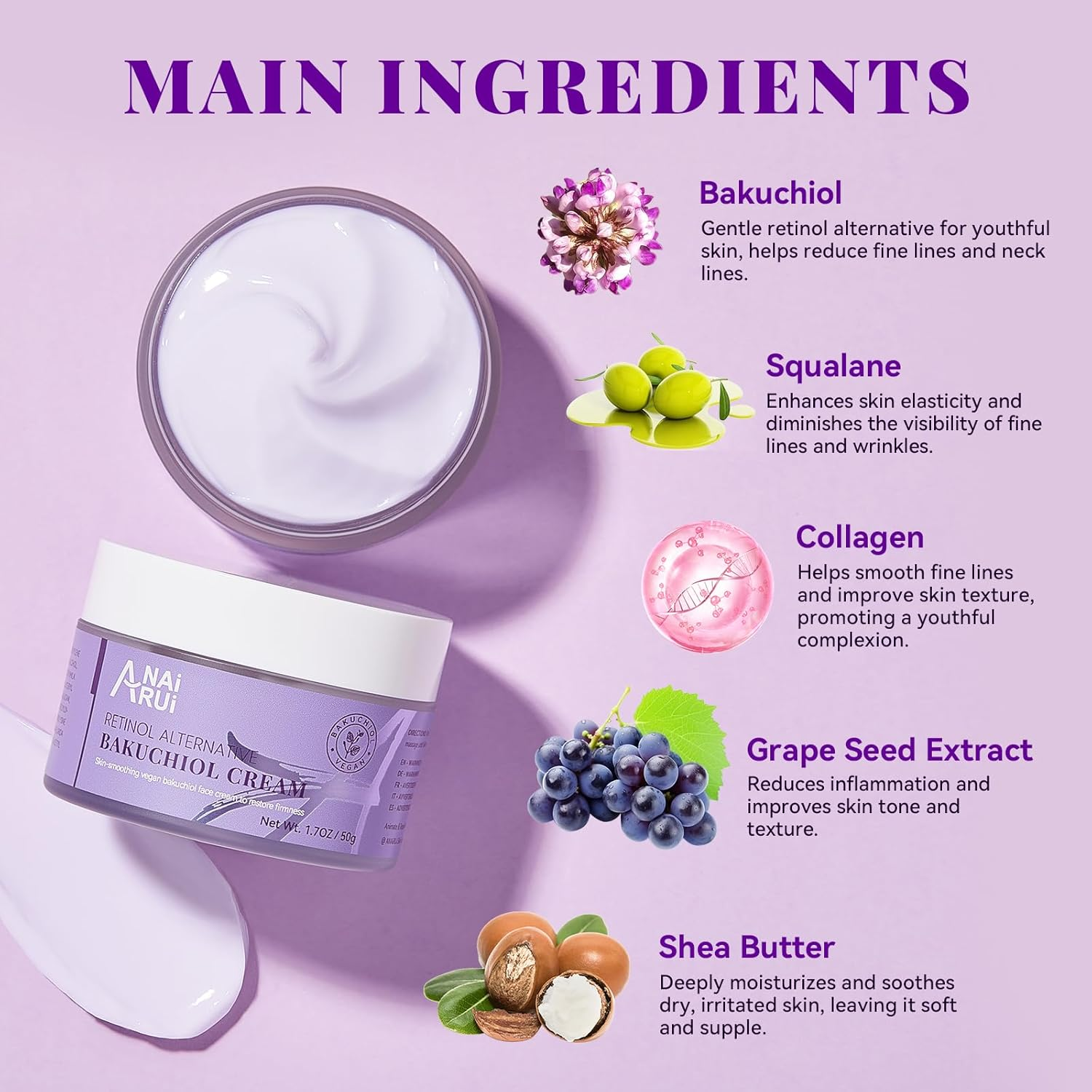 ANAI RUI Bakuchiol Face Cream Moisturizer - Anti-Aging Night Cream, Natural Retinol Alternative with Bakuchiol, Collagen & Squalane - Hydrating Firming Cream for Women - 1.7 Oz