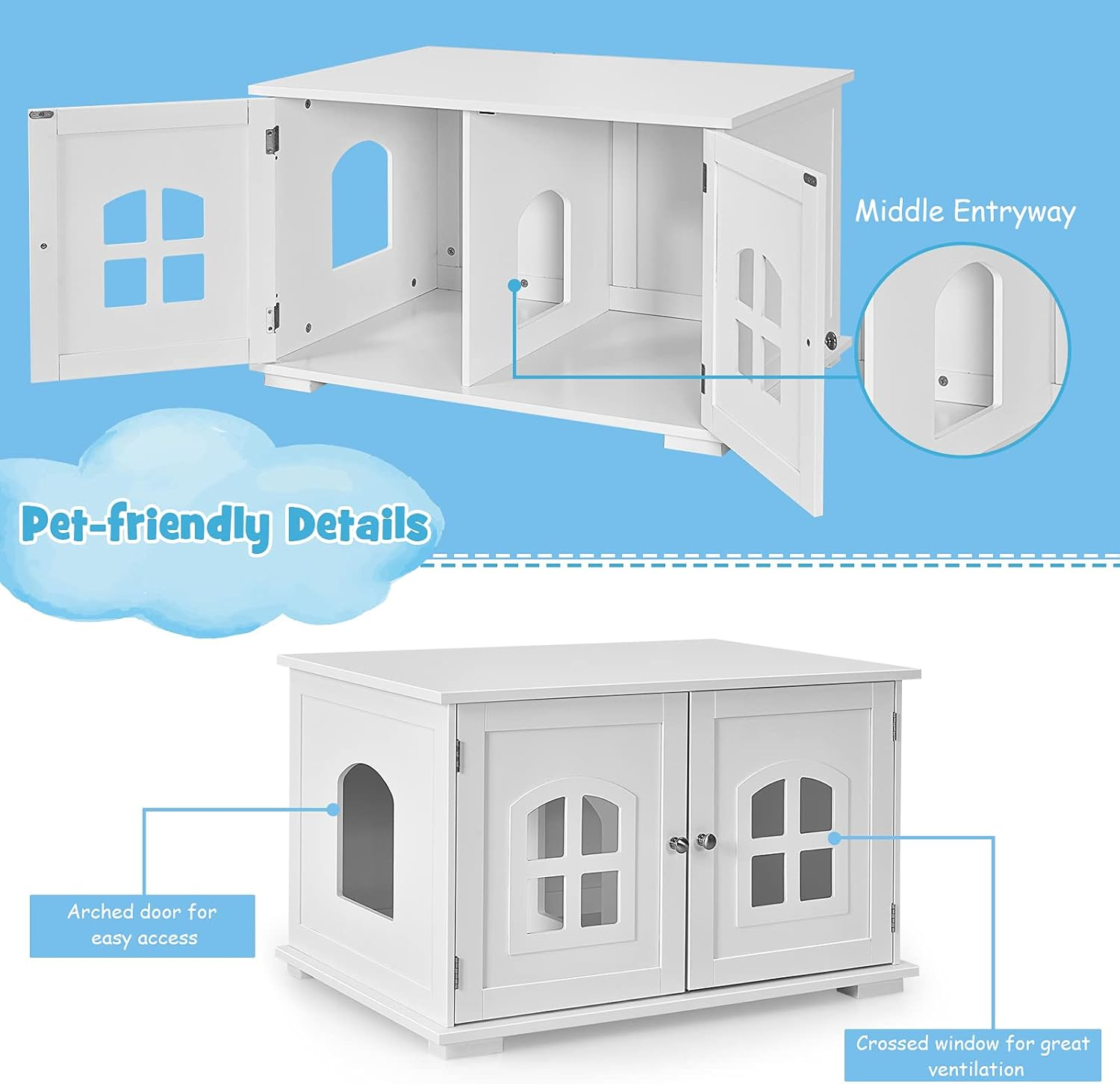 Costway Cat Litter Box Enclosure Furniture Hidden, Wooden Washroom Storage Cabinet Bench W/Cross Windows, Doors&Arched Doorway, Indoor Cat House, Pet House Cover, Side Table for Living Room, Bedroom