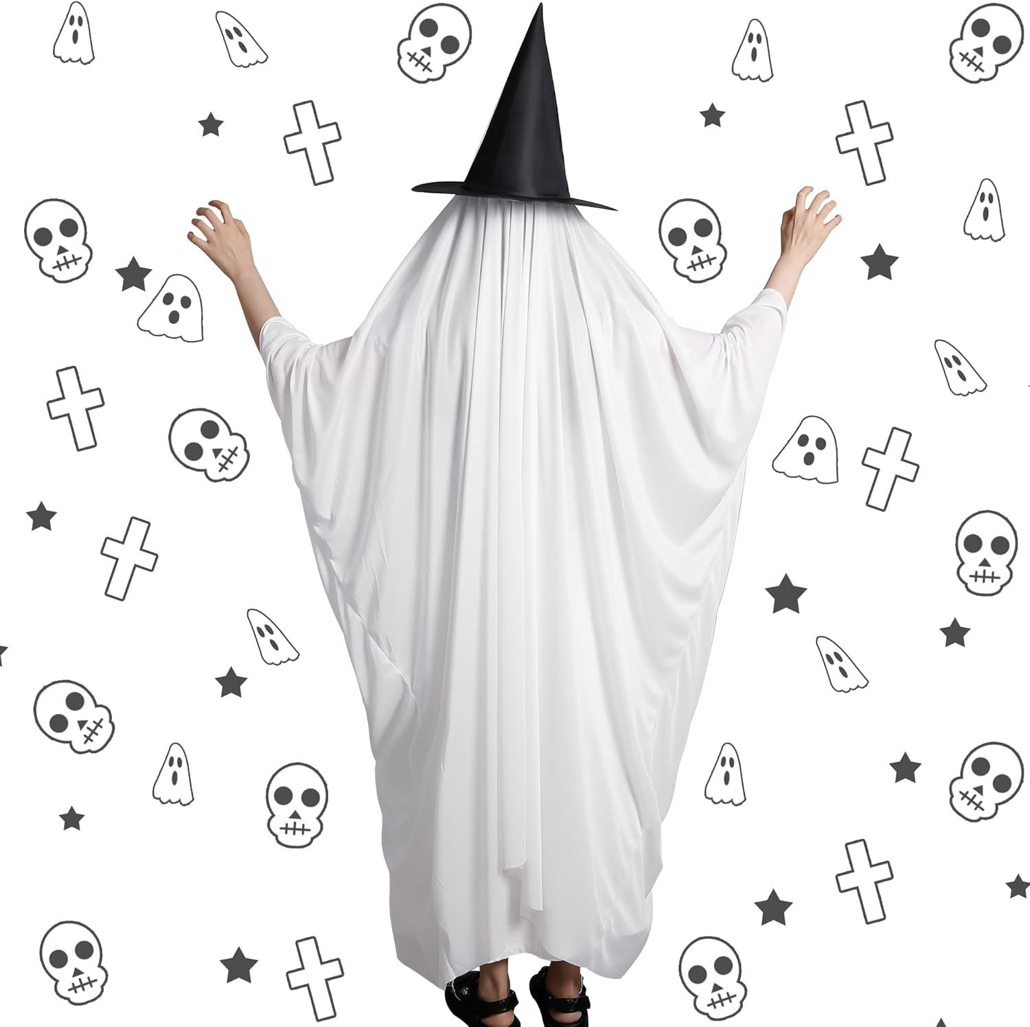 Halloween Ghost Costume Kit- Fancy Dress Cosplay Ghost Costume- Halloween Cape Top White Ghost Ornament image number 3