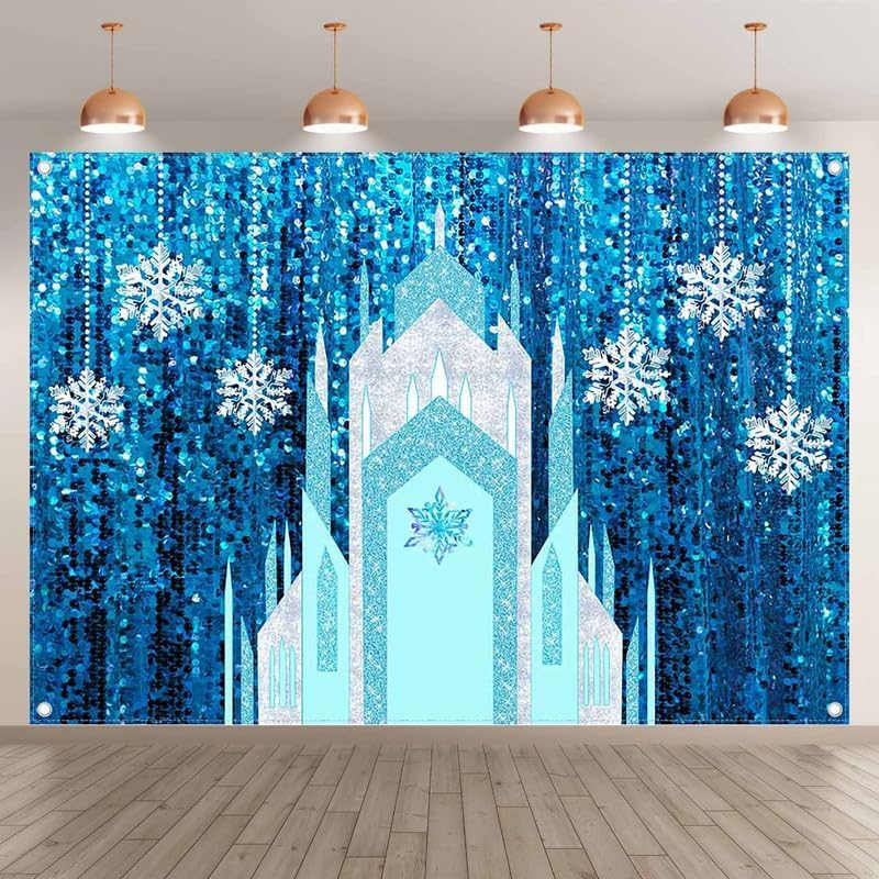 ZTHMOE 7X5Ft Fabric Ice Snow Castle Backdrop Girl Birthday Party Princess Decoration Cake Table Banner Snowflake Curtain (No Glitter No Sequin) Winter Photo Prop image number 2