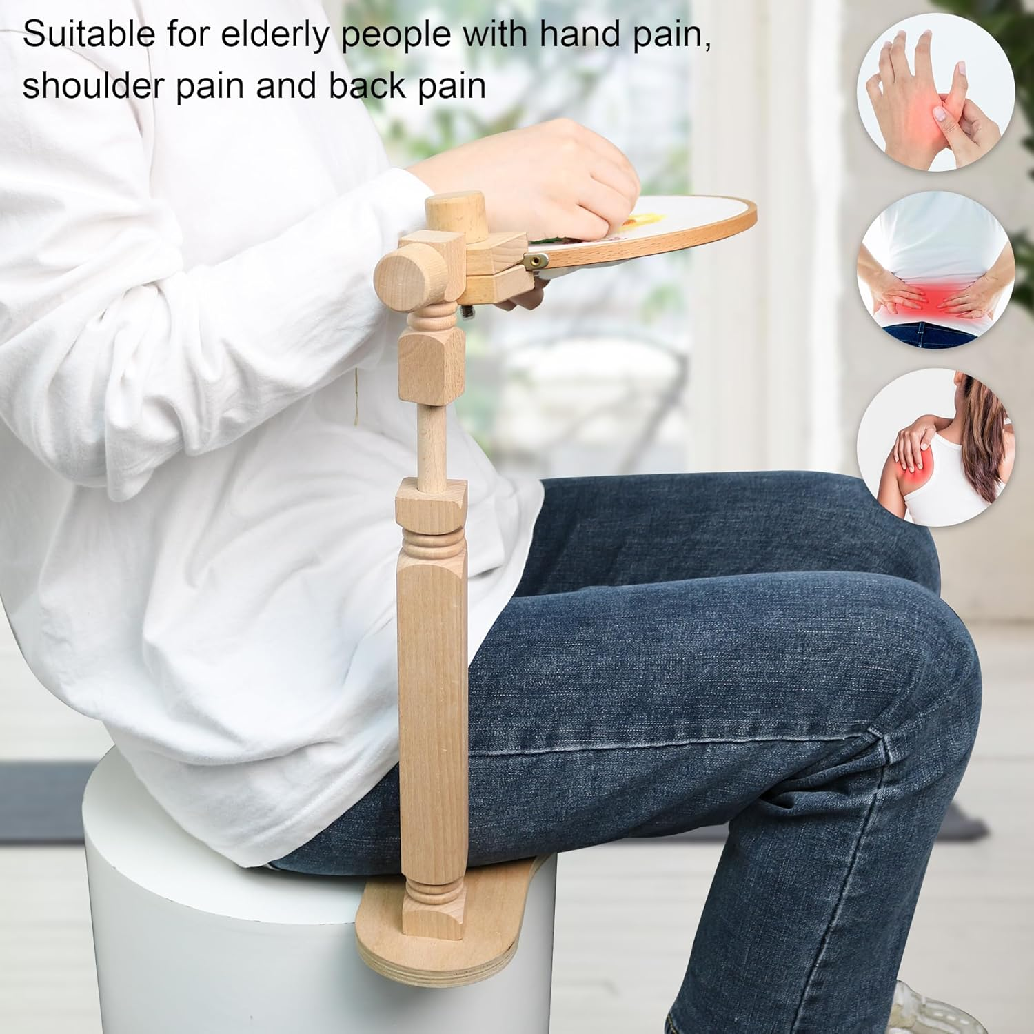 Embroidery Hoop Stand - Rotated Cross Stitch Stand Lap, Easy to Use Natural Beech Wood Embroidery Hoop Holder, Hands Cross Stitch Stand for Art Craft Sewing Needlework Projects image number 4