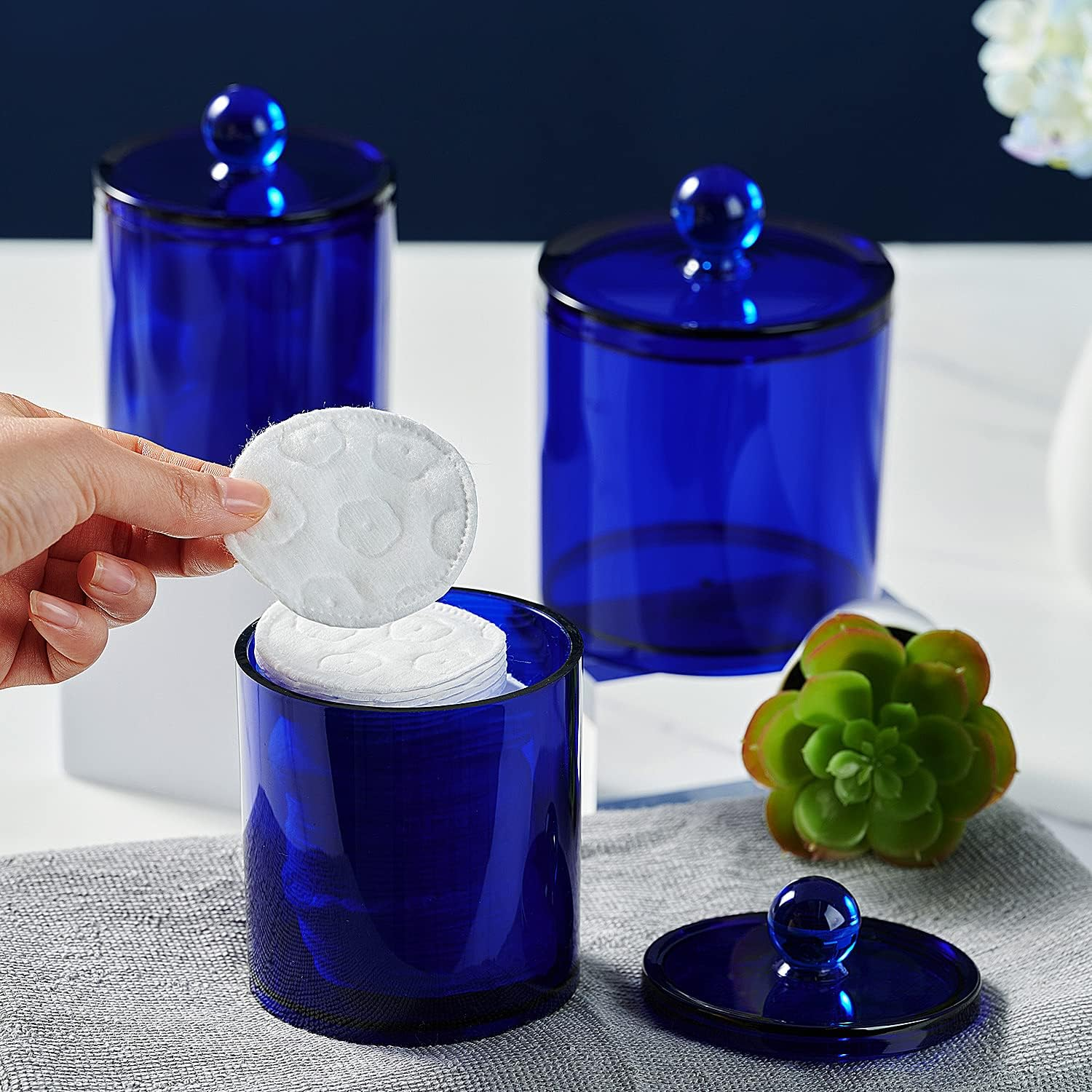 Sheechung 6-Pack Blue Acrylic Apothecary Jars - (3) 12Oz & (3) 10Oz Qtip Holder Set with Labels - Shatterproof Bathroom Vanity Organizer for Cotton Swabs, Balls, Pads - Coastal Decor image number 6