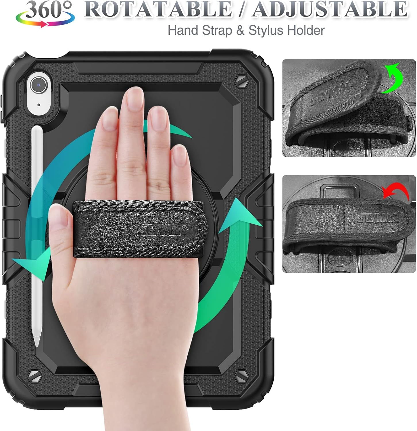 SEYMAC Stock Case for Ipad 11Th(A16) Generation 11" 2025/10Th Generation 10.9'' 2022, Shockproof Case with Screen Protector, 360&deg; Rotate Hand Strap/Stand, Black