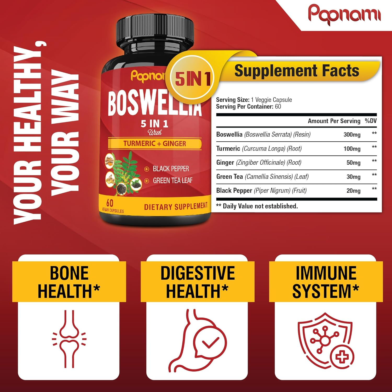 Organic Boswellia Serrata Extract Capsules with Turmeric Curcumin, Ginger, Black Pepper, Green Tea Powder - 60 Vegan Capsules image number 3