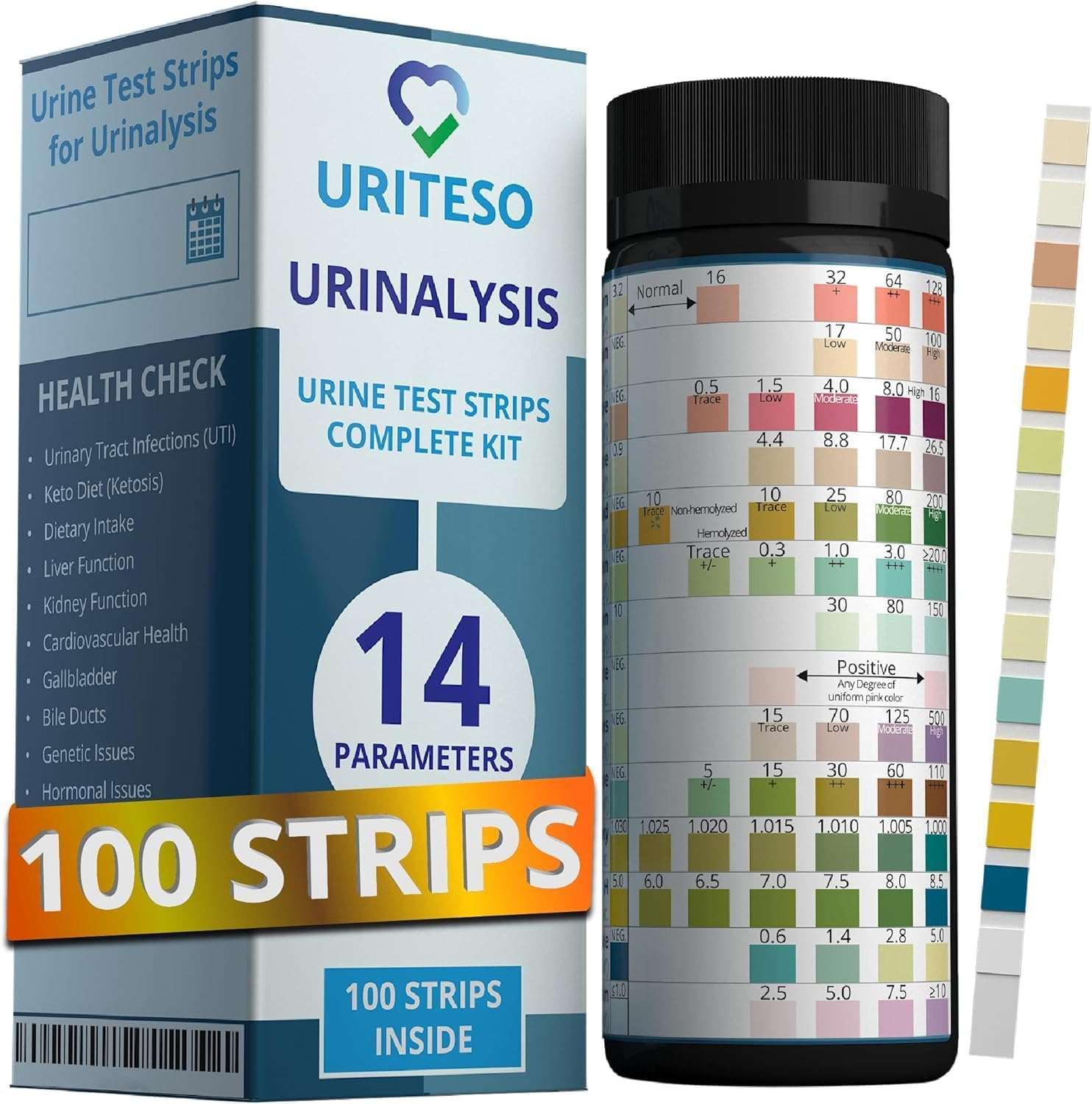 14 Parameter Full Panel Urine Test Strips for Urinalysis | 100 Strips - Testing Kit for Kidney, Liver, UTI, Keto Diet, Ketosis, Hydration, Proteinuria - RBC, PRO, BIL, PH, SGR, CRE, KET, SG +6 More