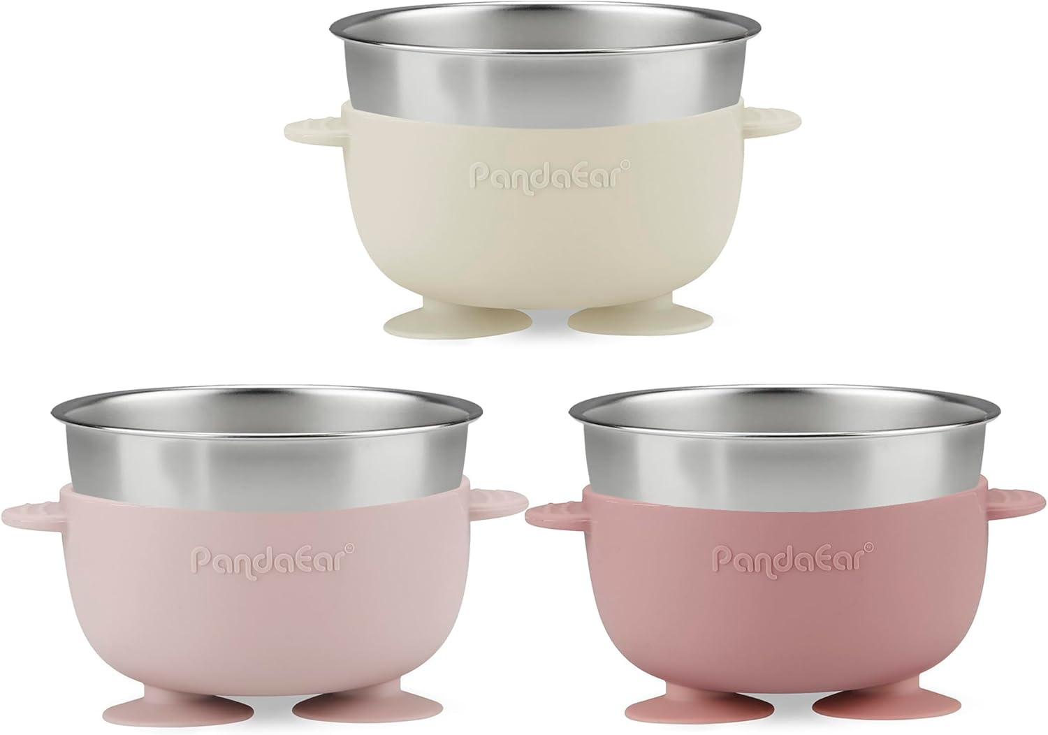 Pandaear 3 Pack Stainless Steel Suction Baby Bowls & 3 Baby Feeding Spoons | Non-Slip Stay Put Bowls & Soft Silicone First Stage Spoons for Toddlers, Bpa-Free Baby Led Weaning Set (Pink Rose Linen) - Pink Rose Linen image number 4