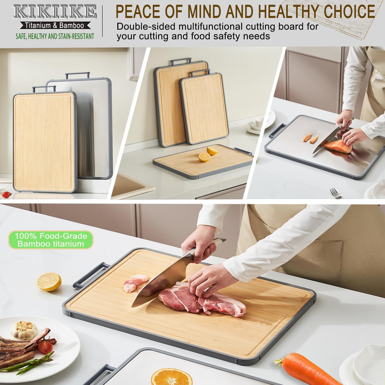 Titanium Cutting Board Double Sided Bamboo Cutting Board for Kitchen Double Sided Food Grade, Pure Titanium & Bamboo Cutting Boards, Non-Stick Durable and Easy to Clean image number 4