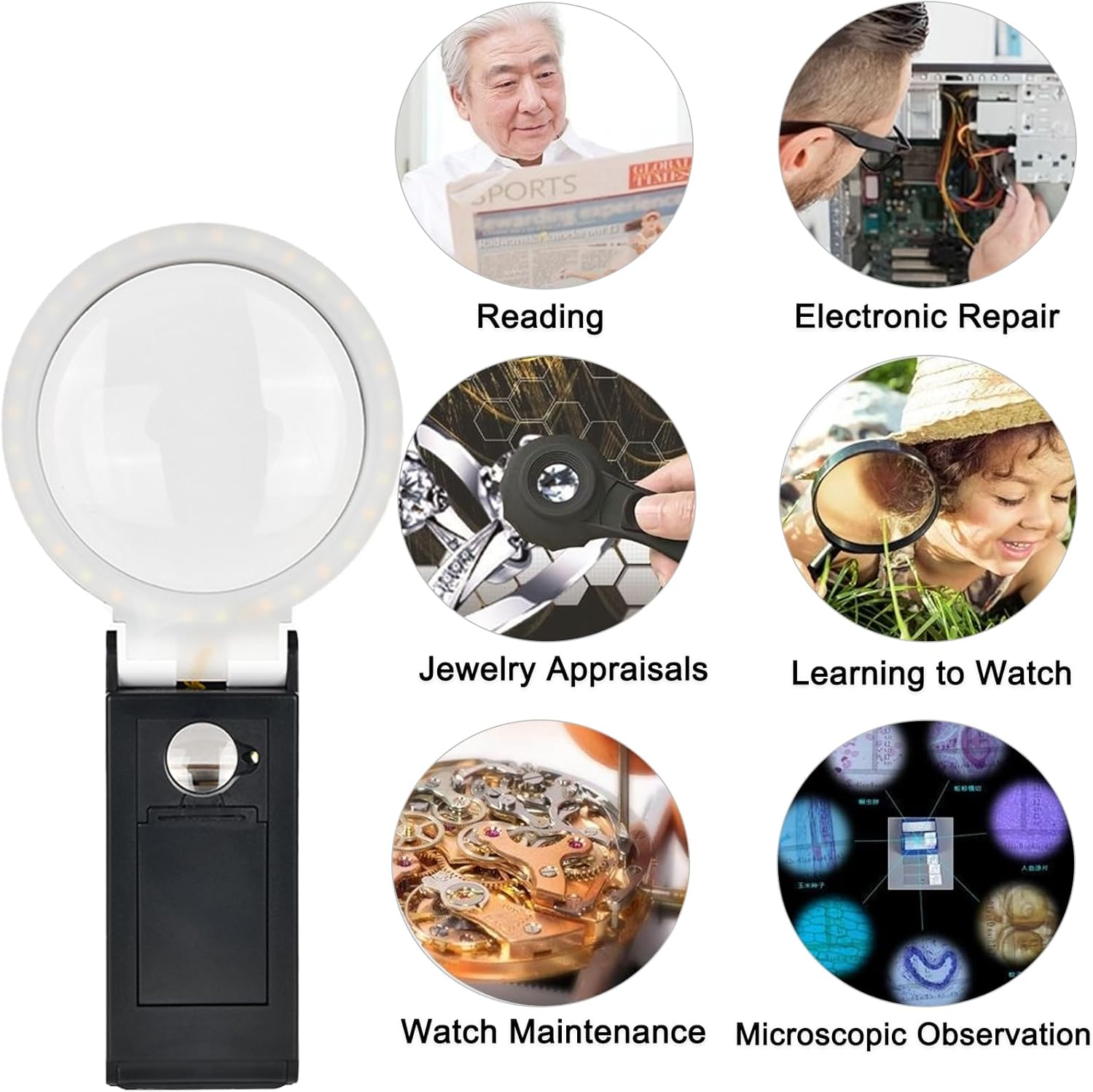 Hands-Free Magnifying Glass with 33 LED Lights,25X Stand Foldable Handheld Magnifying Glass for Coins Jewelry Crafts Hobby Seniors Reading Needle Threading Watch Repair Soldering Close Work image number 3