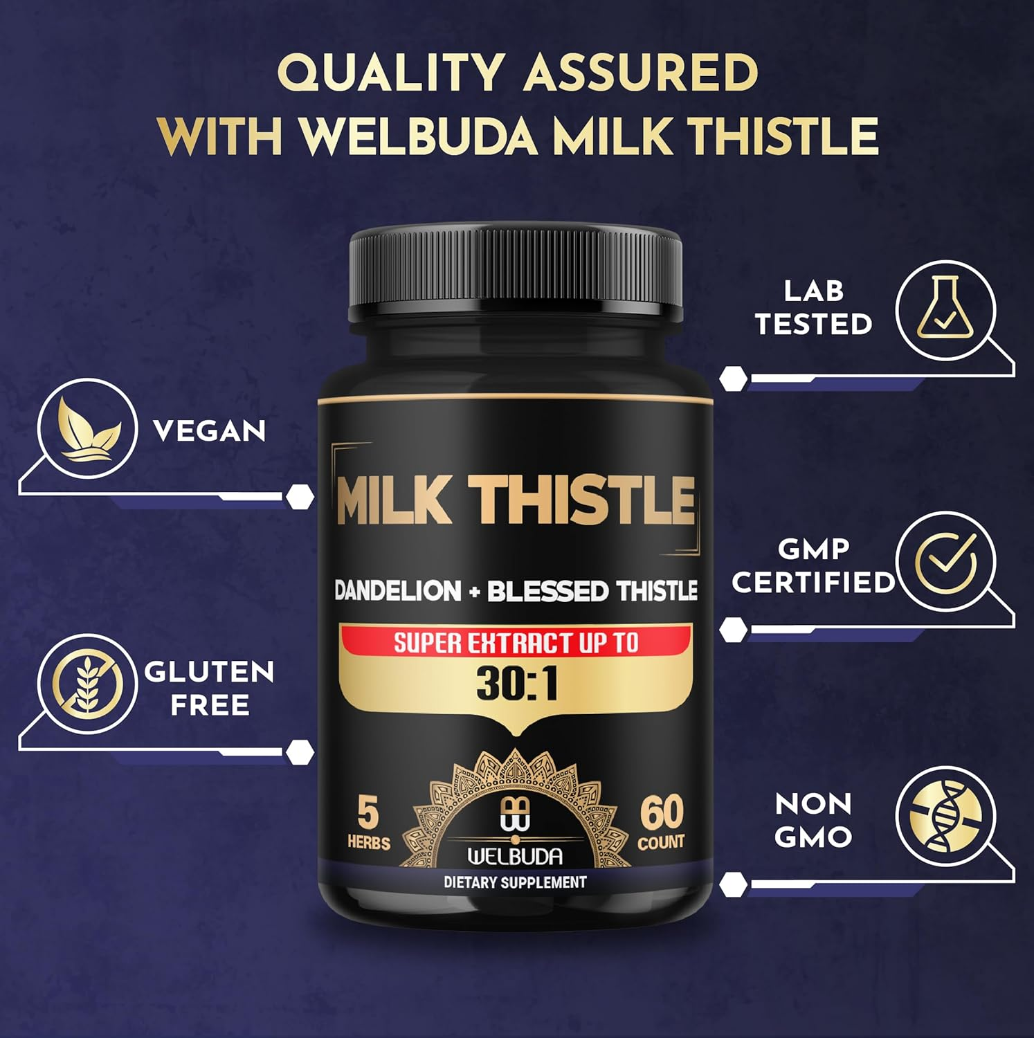 Milk Thistle Capsules - 5In1 Combined with Dandelion Root, Blessed Thistle, Artichoke, Chanca Piedra - 60 Vegan Caps image number 5