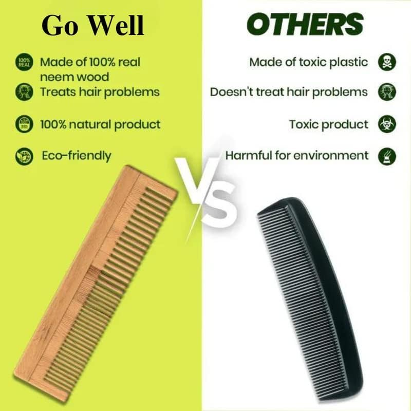 Go Well Kacchi Neem Comb, Wooden Comb | Hair Growth, Hairfall, Dandruff Control | Hair Straightening, Frizz Control | Comb for Men, Women | Treated with Oil (All Combo)
