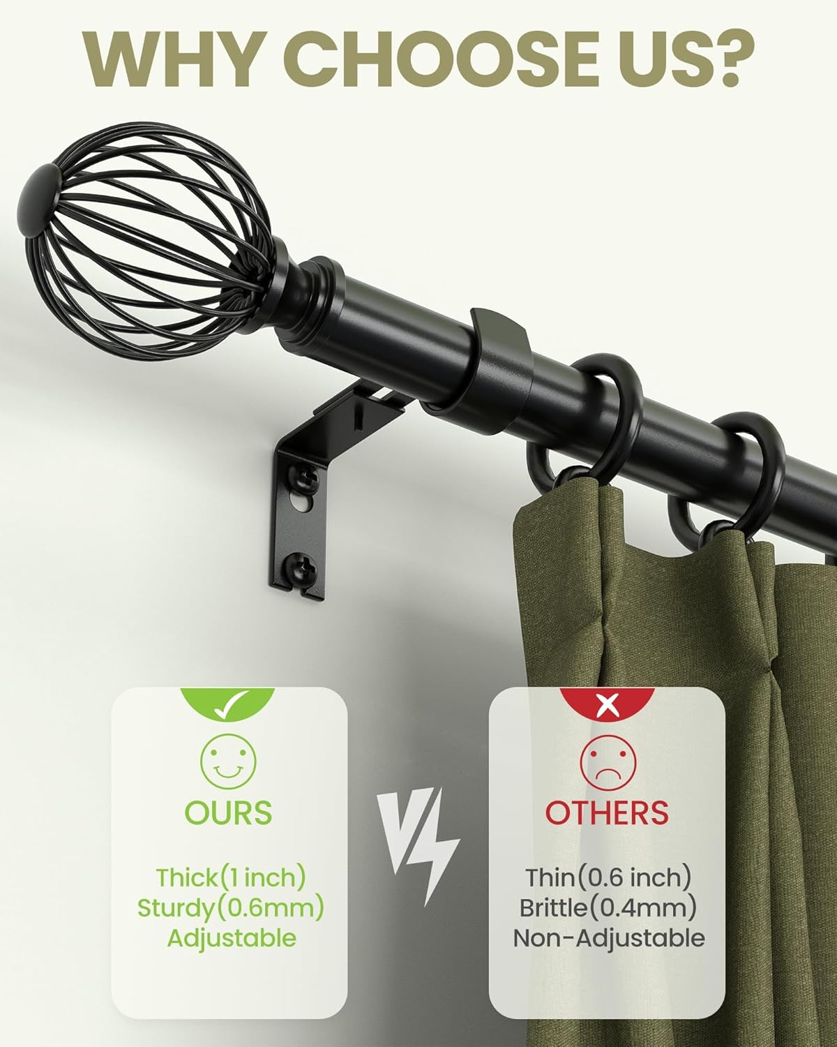 Adjustable Telescopic Window Curtain Rod, 2 Sizes, 2.5 Cm Diameter, Black with Metal Brackets (66"-120") image number 1