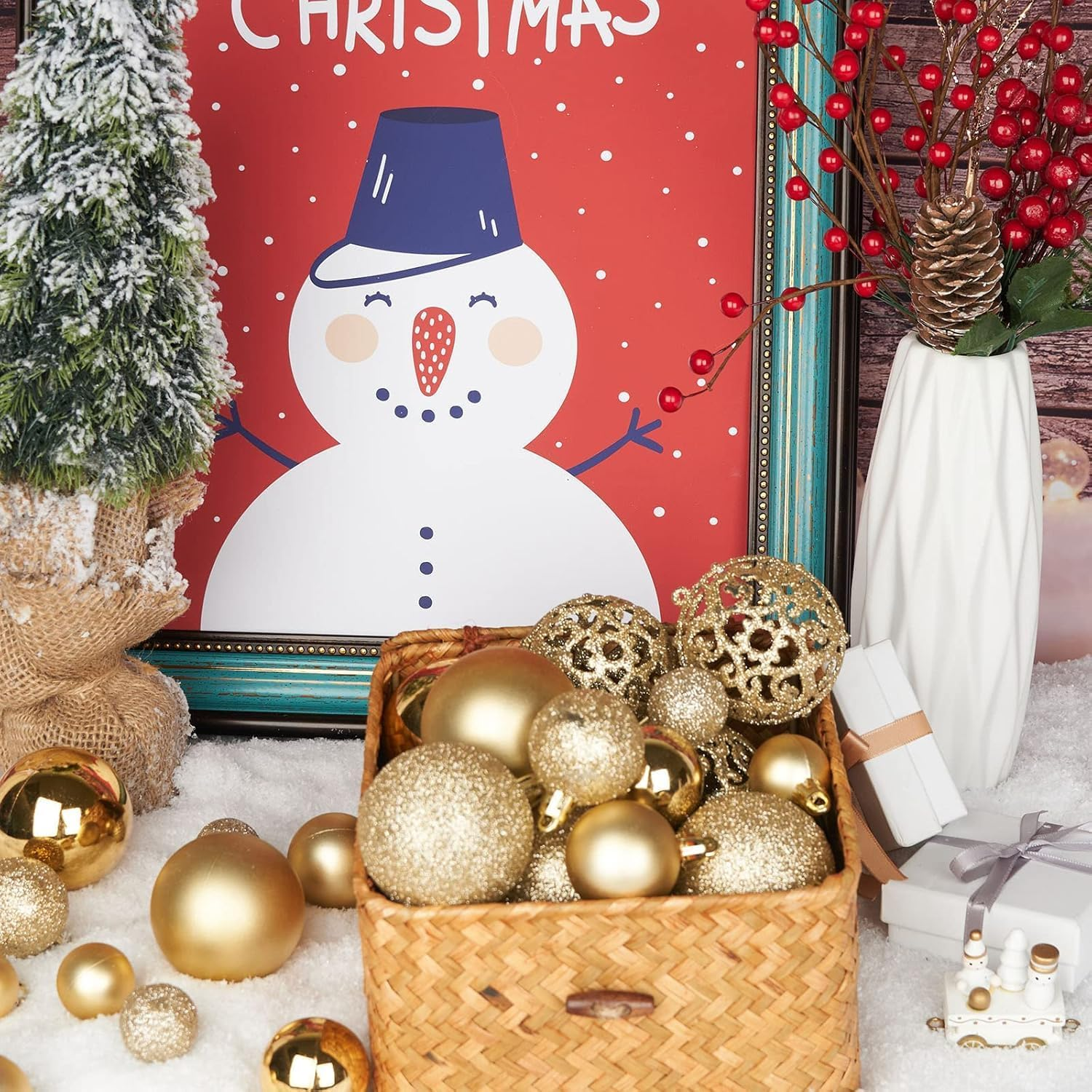 101Pcs Gold Christmas Ball Ornaments, Shatterproof Baubles Festive Wedding Hanging Decorations with Hooks for Christmas Tree Home Holiday Party Decor Birthday Gift (101PC Golden) image number 4