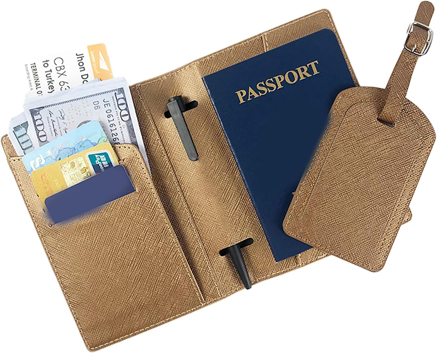 Passport Holder, PU Leather RFID Blocking Passport Wallet with Holder and Zipper Pocket, Travel Accessories for Women & Men Brown image number 5