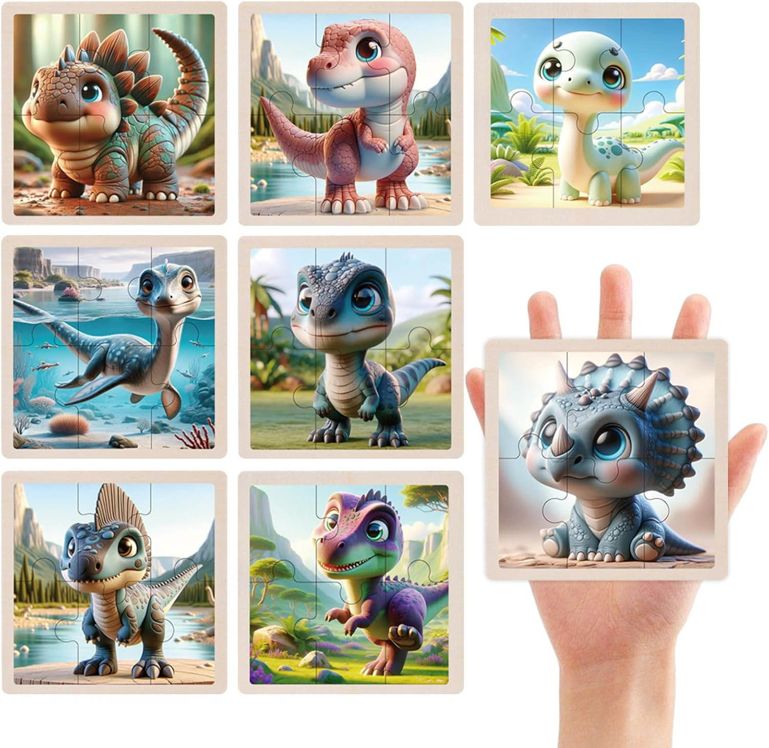 8 Packs Wooden Dinosaur Puzzles for Kids Ages 3-5, Toddler Jigsaw Puzzles for Toddlers 3-5, 6 Pcs Preschool Learning Educational Brain Teaser Boards Toys Gifts for 3 4 5 6 Year Old Boys Girls image number 3