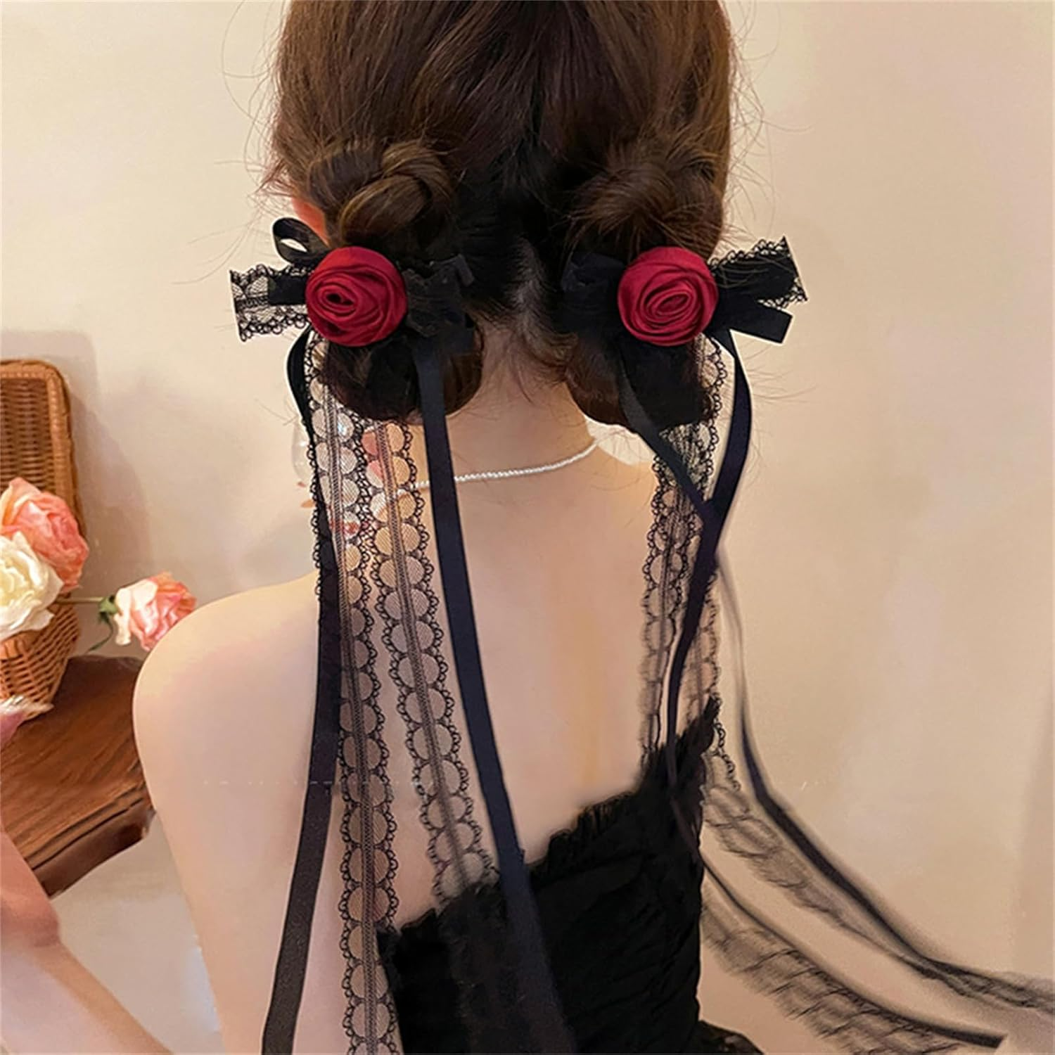 LERTREE 2Pcs Gothic Rose Hair Clips with Long Ribbon Tail, Black Lace Floral Bowknot Hair Barrettes for Halloween Cosplay Bridal Wedding image number 3