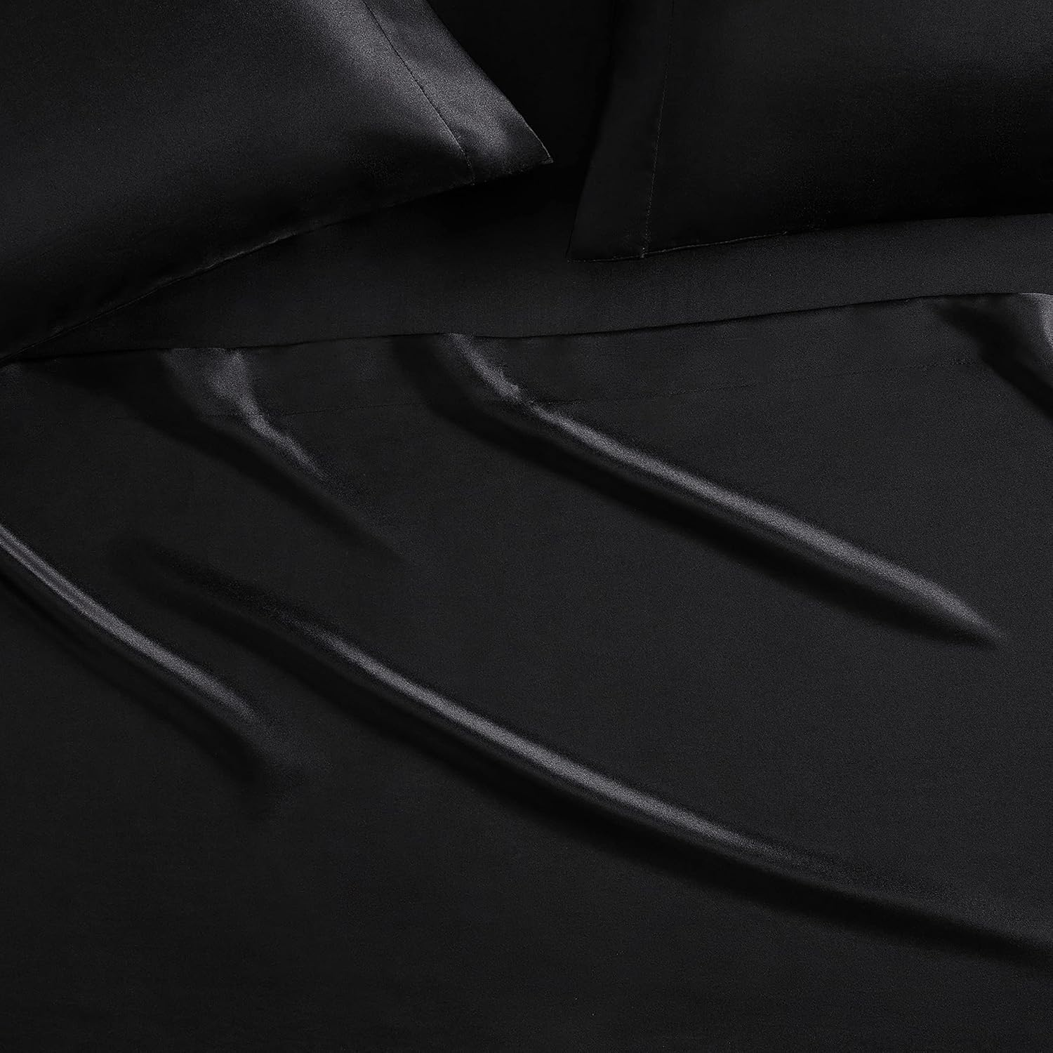 SERTA Satinluxury 4Pc Soft Lightweight Deep Pocket Bedding Silky Satin Sheet Set with Pillowcases, King, Black