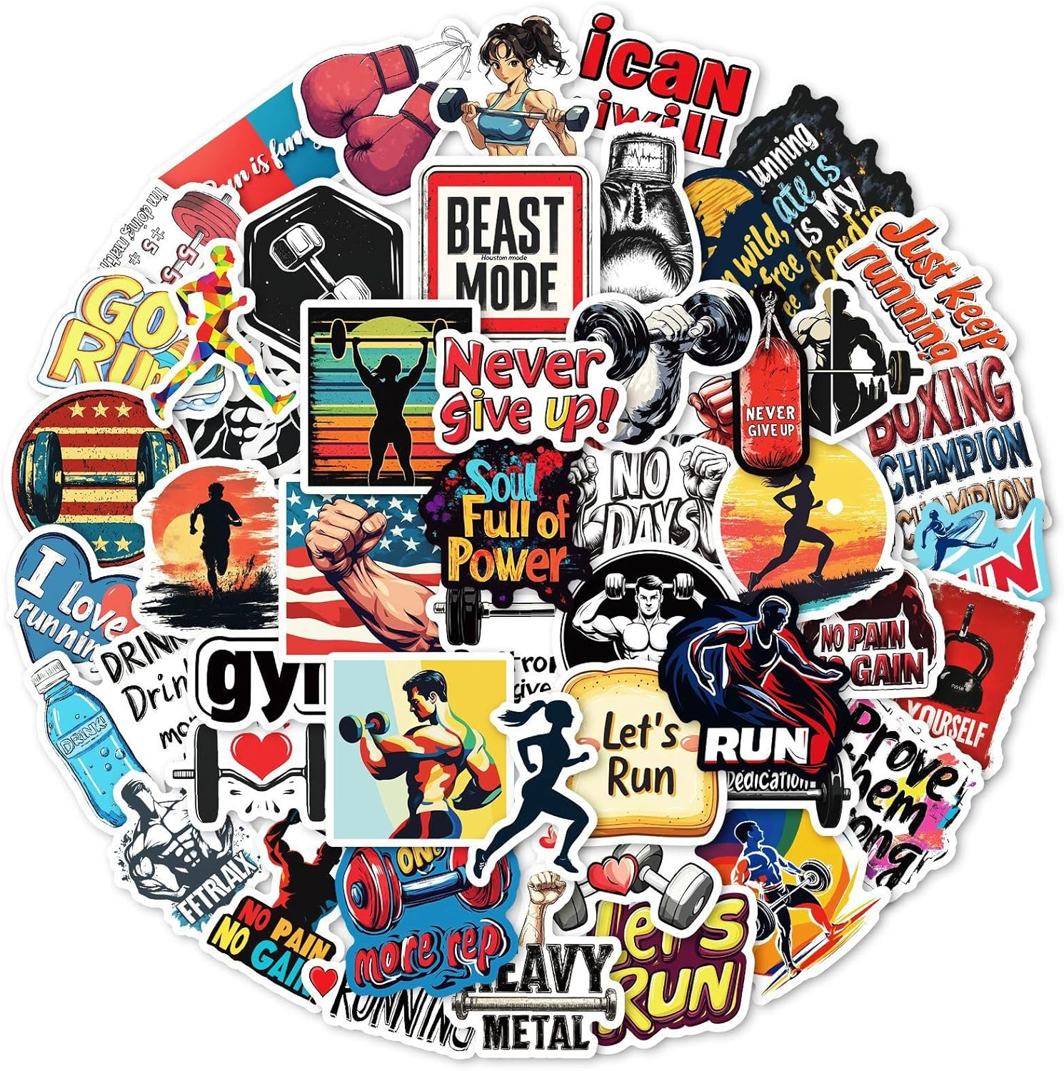 50Pcs Fitness Stickers, Waterproof Vinyl Decal for Kids Girl Teen Adult Student Water Bottle Laptop Phone Computer Skateboard Luggage Notebook Scrapbook Helmet (Boxing Sport)