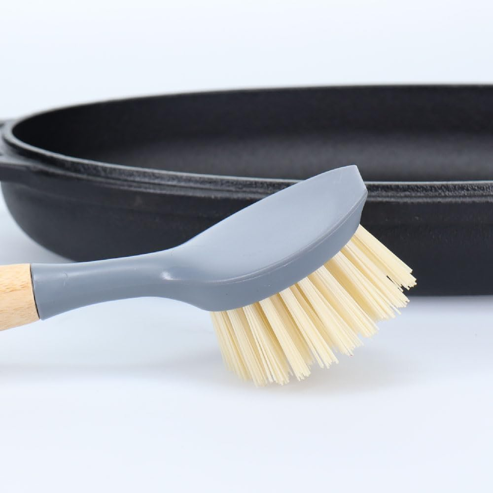 White Magic Eco Basics Cast Iron Brush &ndash; Ergonomic Bamboo Handle | Tough Nylon Bristles & Scraper Edge for Burnt-In Residue | Ideal for Cast Iron Cookware, Pots & Pans | Eco-Friendly Recycled Plastic image number 1