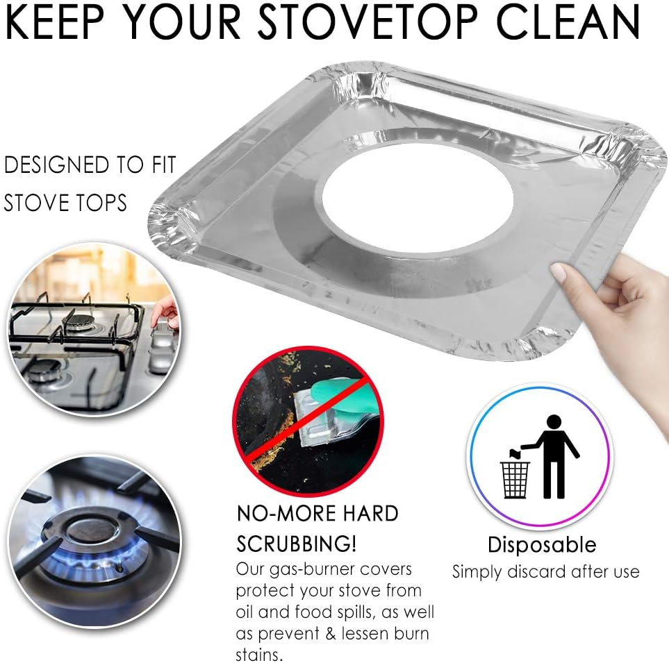 Stove Burner Covers - 50 Pcs 8.7" X 8.7" Square Aluminum Foil Gas Stove Burner Covers Disposable Range Protectors Bib Gas Top Liners Stove for Easy Clean image number 4