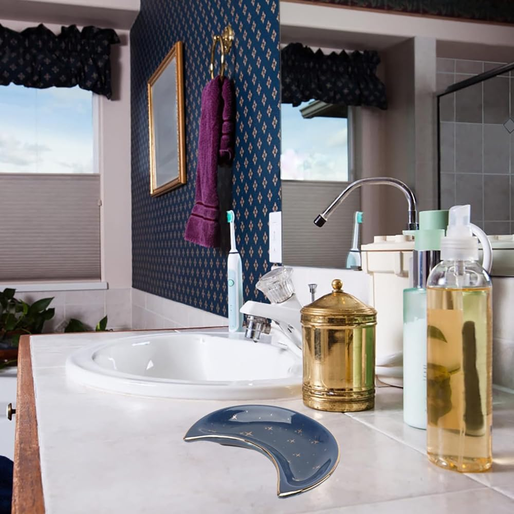 HYAVIA 2 Pack Blue Moon Jewelry Trays with Stars &ndash; Small Ceramic Ring Dishes, Decorative Vanity & Bathroom Trinket Holders for Rings, Necklaces, Earrings & Keys image number 3