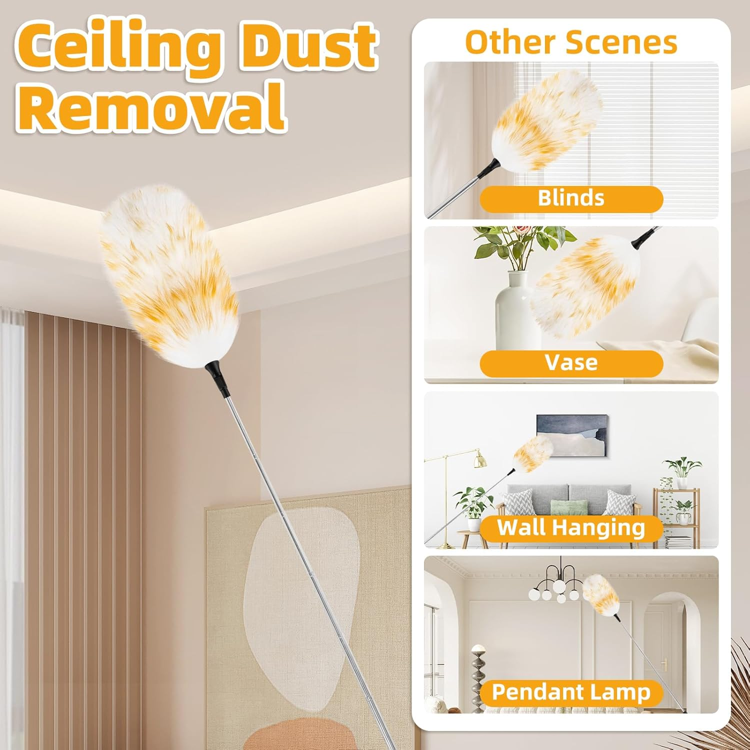 Nicemiya Lambswool Telescopic Duster - Extendable up to 190 Cm for High Surfaces and Sensitive Devices, Washable and Scratch-Proof (1 Lambswool Duster + 1 Replacement Head)