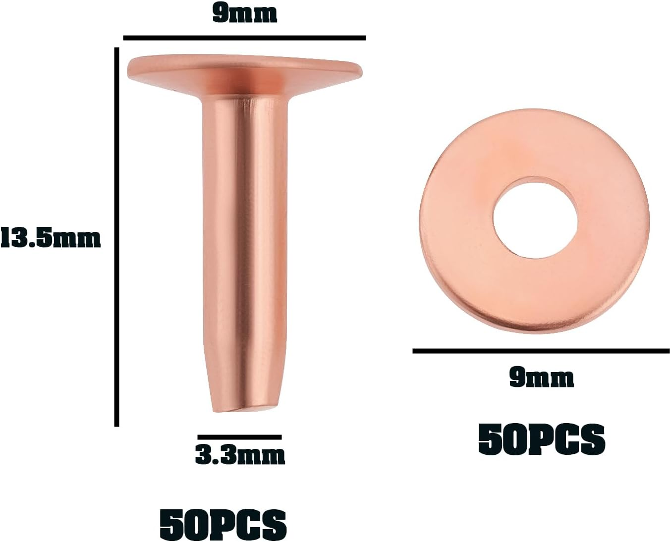 50Pcs Solid Copper Saddlers Rivets Leather Rivets 12 X 3.3Mm Rivets for Leather Belts Handbags Backpacks Crafts with 9Mm Washers image number 3