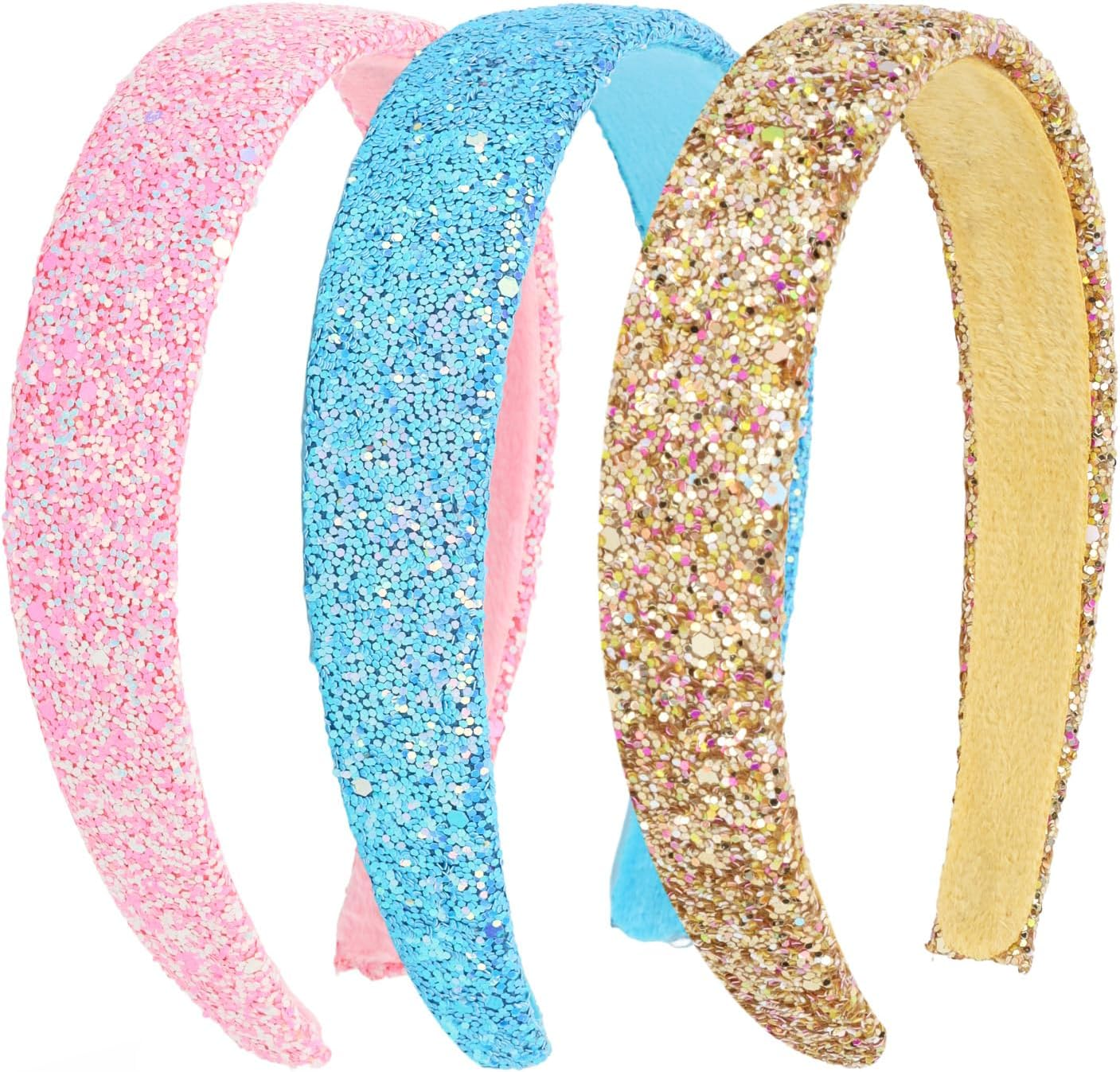 Uintoon Girls Headbands, 3PCS Headbands for Girls Women Glitter Gold Rainbow Pink Headband Sparkly Sequin Headband Hair Accessories