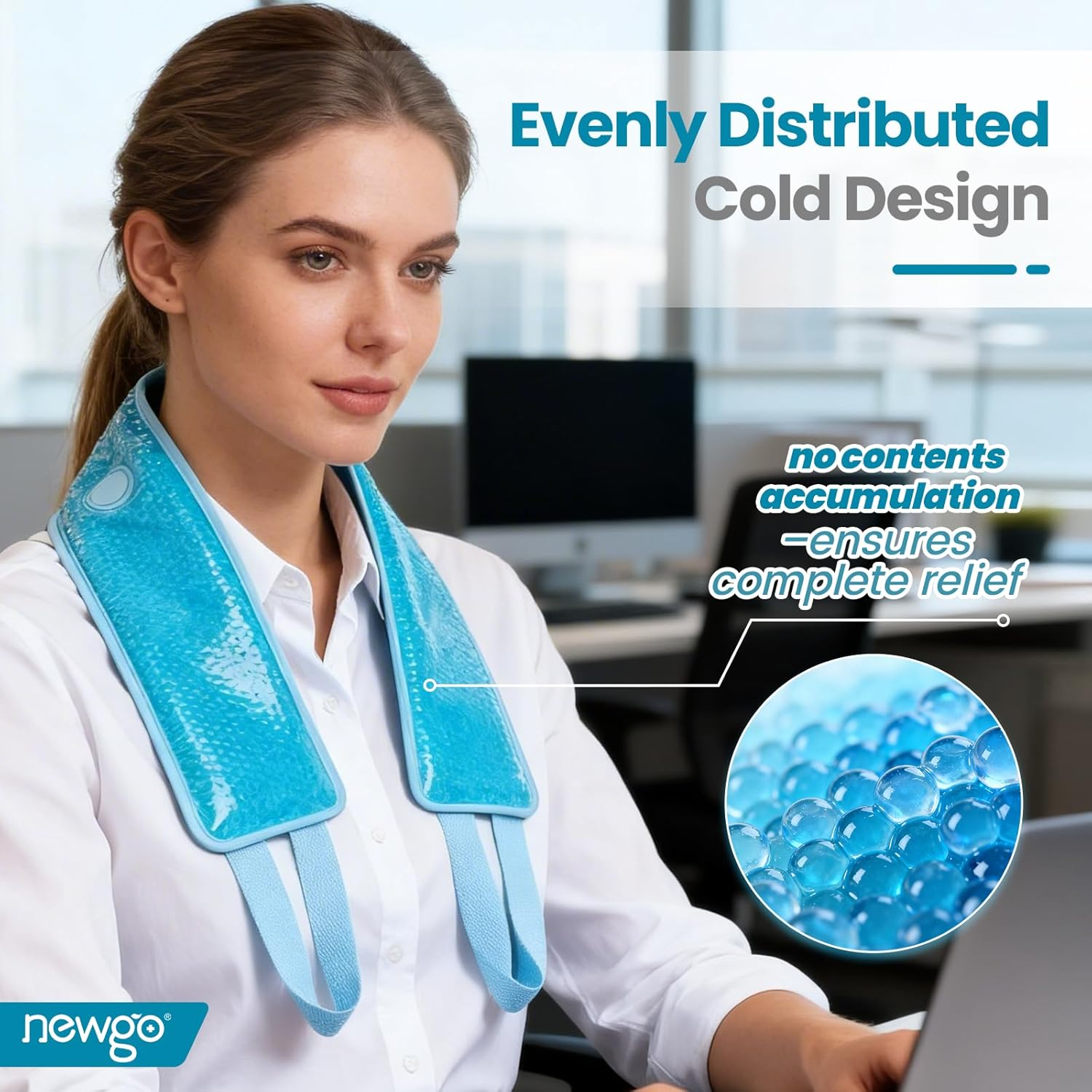 Newgo&reg;Neck Ice Pack Gel Ice Neck Wrap with Soft Plush Backing, Hot Cold Pack Gel Bead Ice Pack for Neck & Shoulder Pain Relief (24.8"X 4.13"）- Blue image number 2