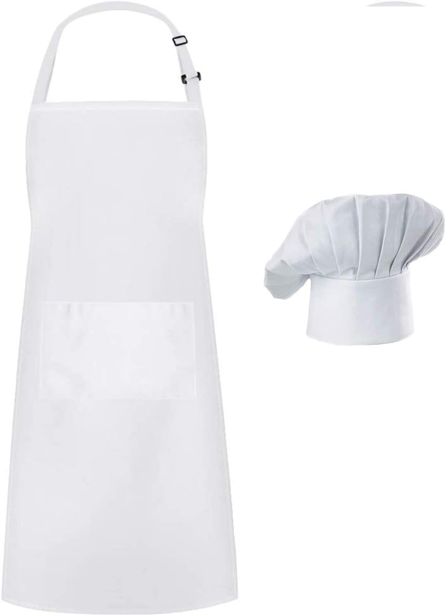 Hyzrz Chef Apron Hat Set, Chef Hat and Kitchen Adult Adjustable Baker Costume Apron for Men and Women Father'S Gift