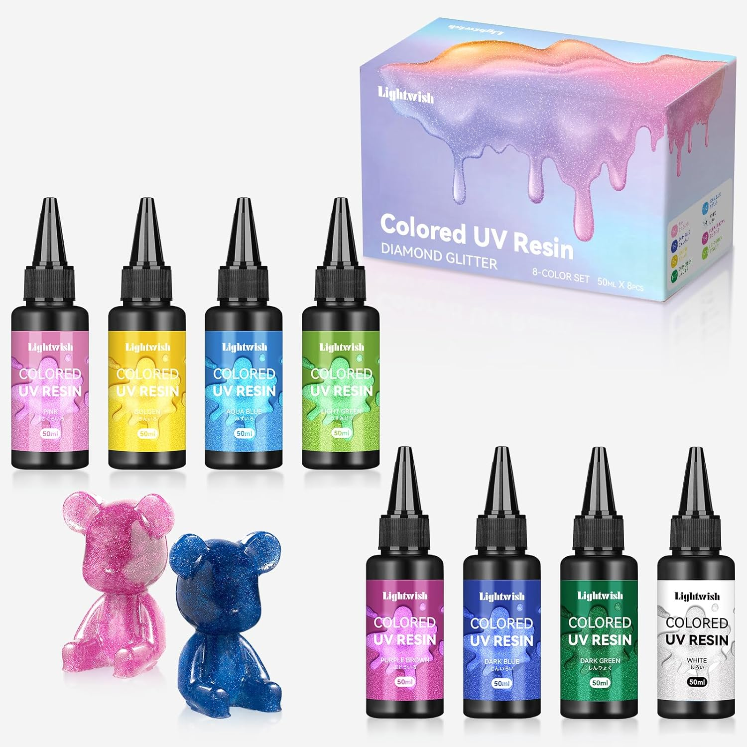 Colored UV Resin,Diamond Glitter Effect 8 Colors UV Resin Kit,Odorless,Quick Ultraviolet Curing UV Resin for Small Craft,Jewelry Making,Diy Making, (50G Each) image number 1