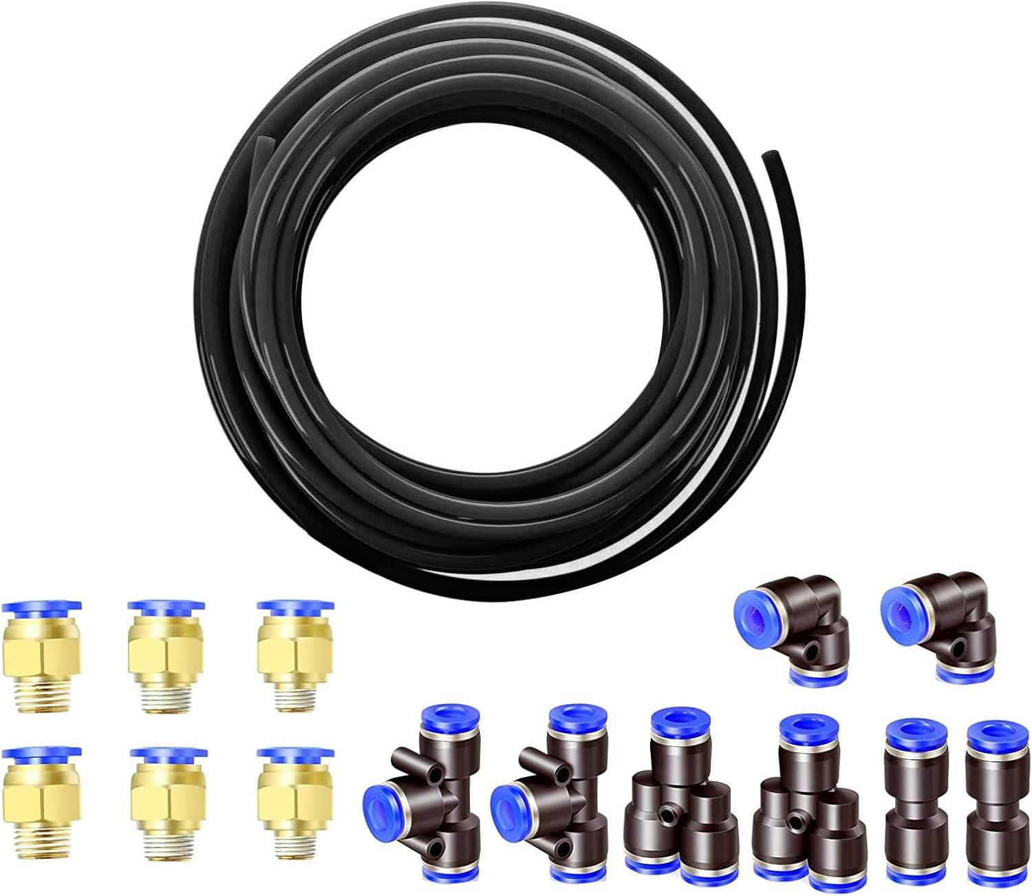 HUAZIZ 10 Metres PU Pneumatic Hose Flexible Compressed Air Hose Outdoor 8 Mm X Inner 5 Mm Black with 8 Pneumatic Connectors Air Push Quick Couplings (Y/T/L/I Shaped)