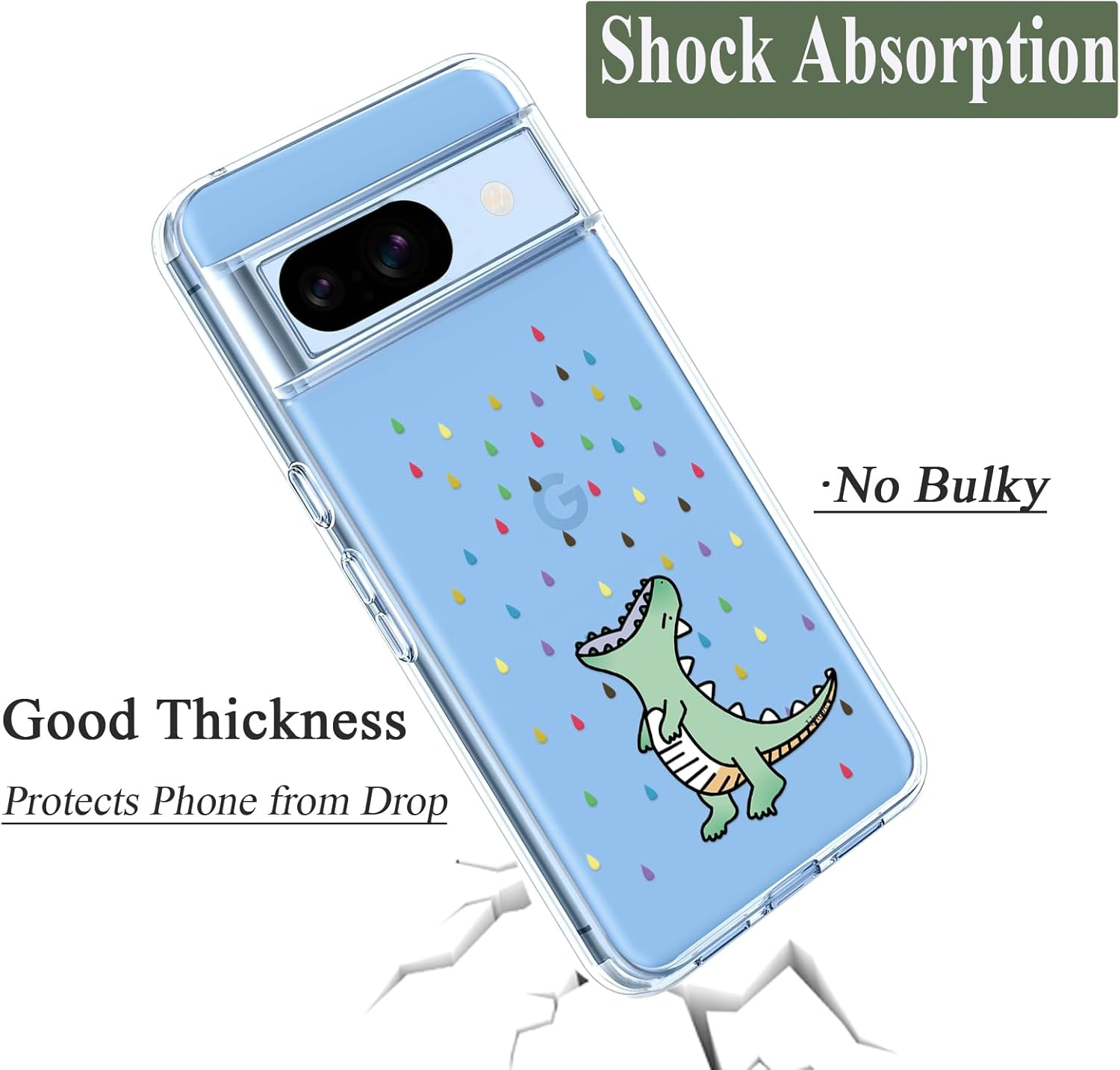 Unov Case Compatible with Pixel 8A Case Clear with Design Soft TPU Shock Absorption Slim Embossed Pattern Protective Back Cover for Pixel 8A (Rainbow Dinosaur)