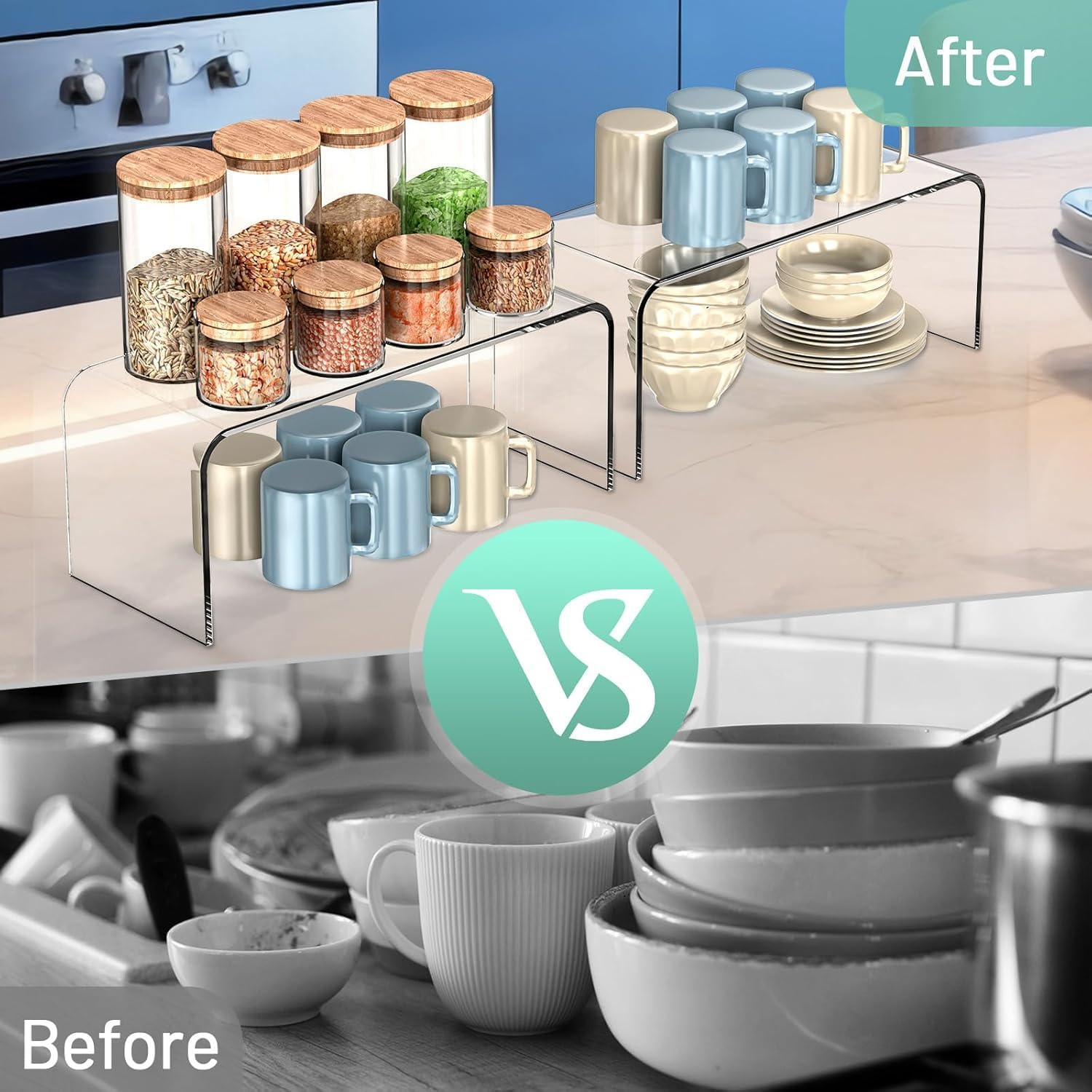 Clear Cabinet Organizer, Kitchen Organizers and Storage, Display Pantry Cabinet Shelf Room Decor Countertop Desk Organizer Shelves, Patented Spice Organization, 2 Packs image number 2