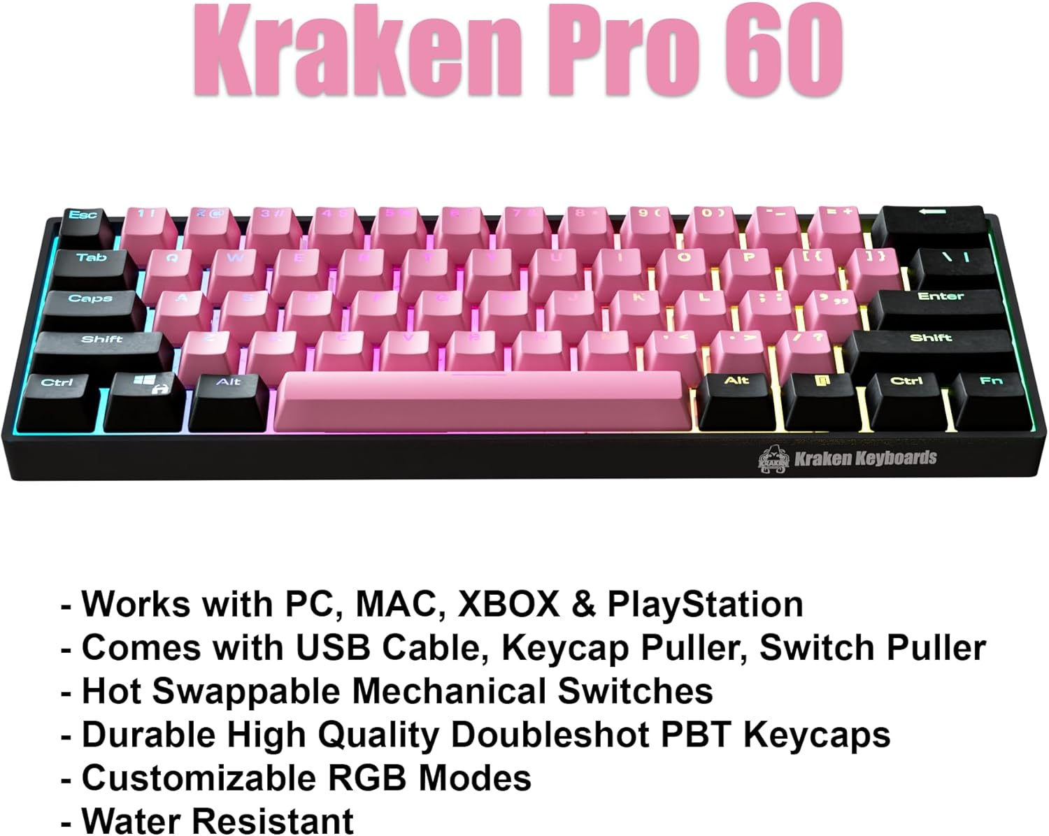Kraken Keyboards Blink Edition Kraken Pro 60 | Black & Pink 60% HOT SWAPPABLE Mechanical Gaming Keyboard for Gaming on PC, Xbox, Playstation & MAC (Blink | Silver Switches) - Bred | Silver Switches image number 2