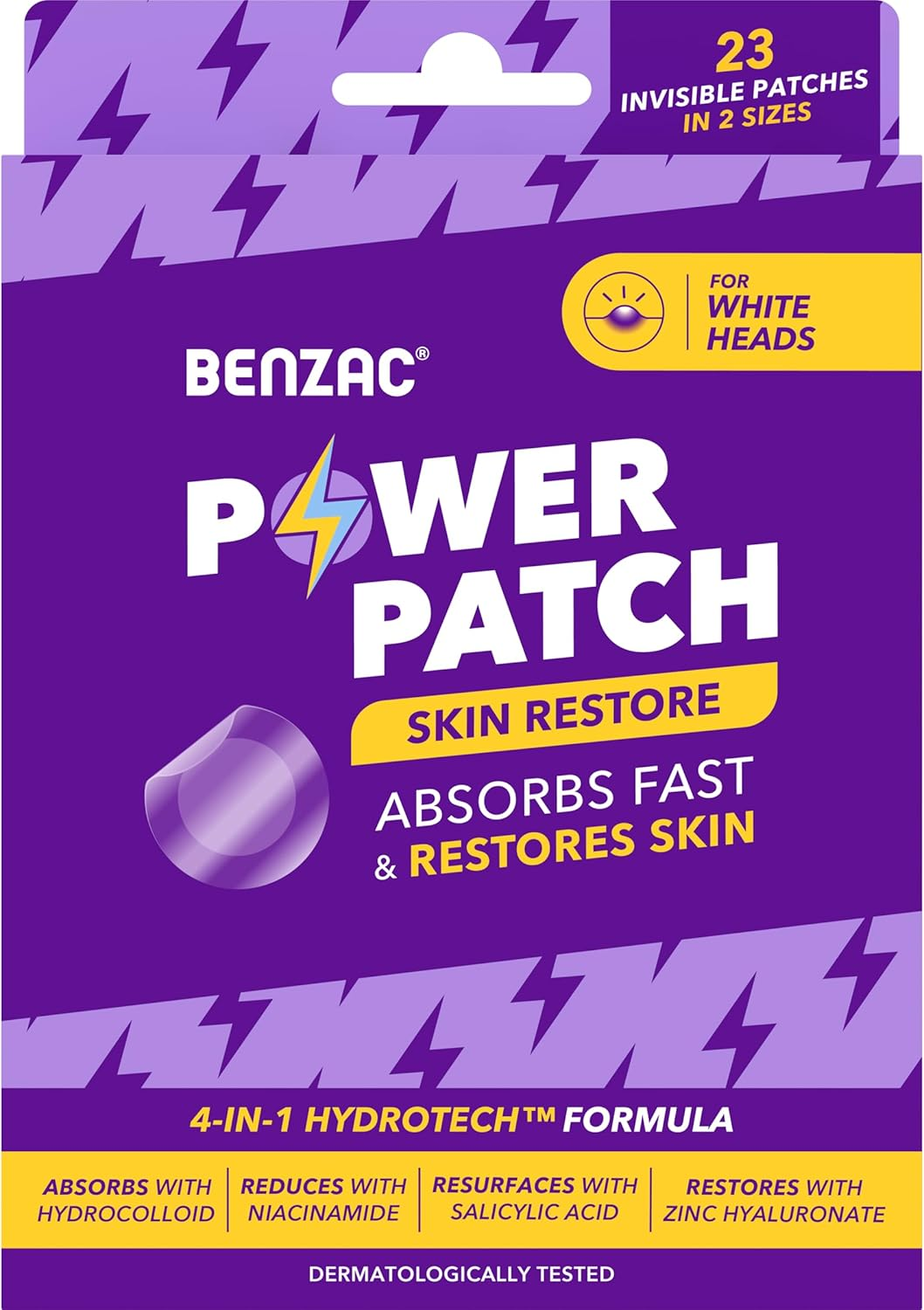 Benzac Power Patch Skin Restore, 23 Invisible Hydrocolloid Pimple Patches in 2 Sizes, 4-In-1 Hydrotech Formula Absorbs White Heads Fast & Restores Skin, Water and Sweat Proof, Make-Up Friendly, for All Skin Types image number 1