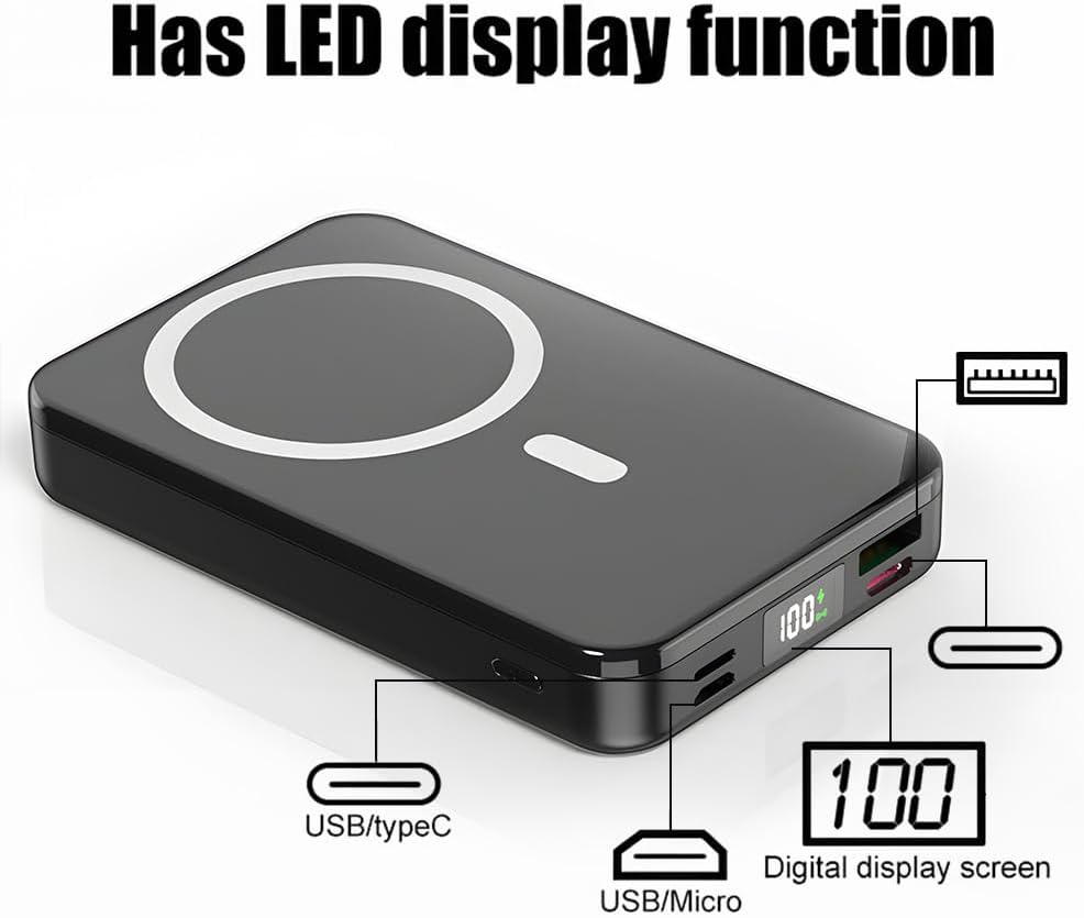 Magnetic Power Bank 20000Mah Portable Charger Wireless LED Display 22.5W Fast Charging Built in 2 Cables and Type-C/Lighting/Usb with Foldable Stand Compatible with Iphone 17 Cell Phone Series-Black image number 5