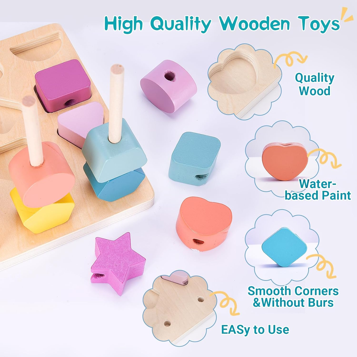 Montessori Wooden Beads Sequencing Toys, 3 in 1 Stacking Blocks & Lacing Beads & Matching Shape Stacker for 2 3 4 5 Year Old STEM Preschool Learning Montessori Toys Gifts for Kids Boy Girl Toddler image number 6