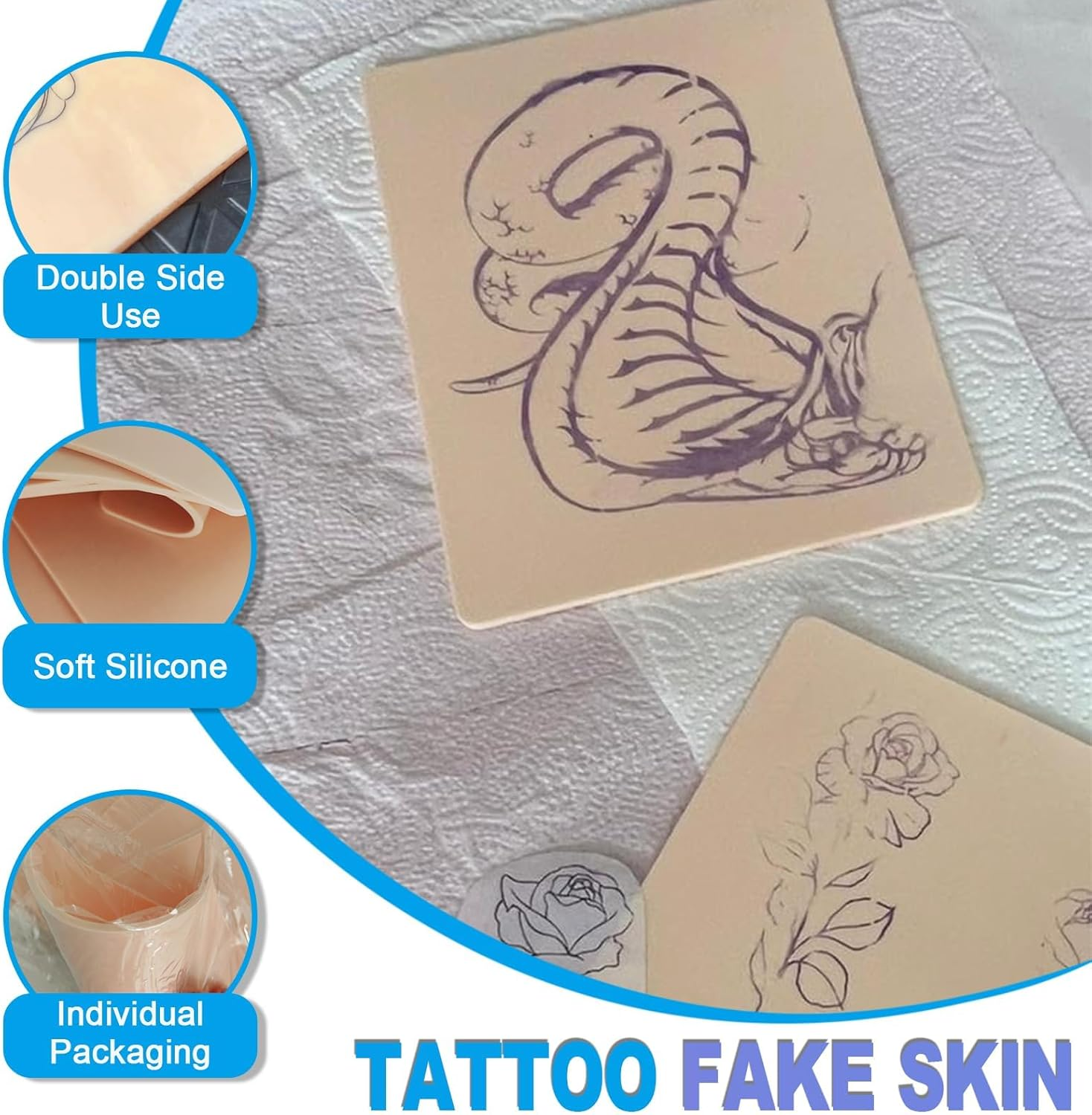 Reswish 3MM Professional Tattoo Practice Skin - 8-Pack Double-Sided Fake Skin (7.48"X5.6"), Ideal for Beginners and Artists image number 2