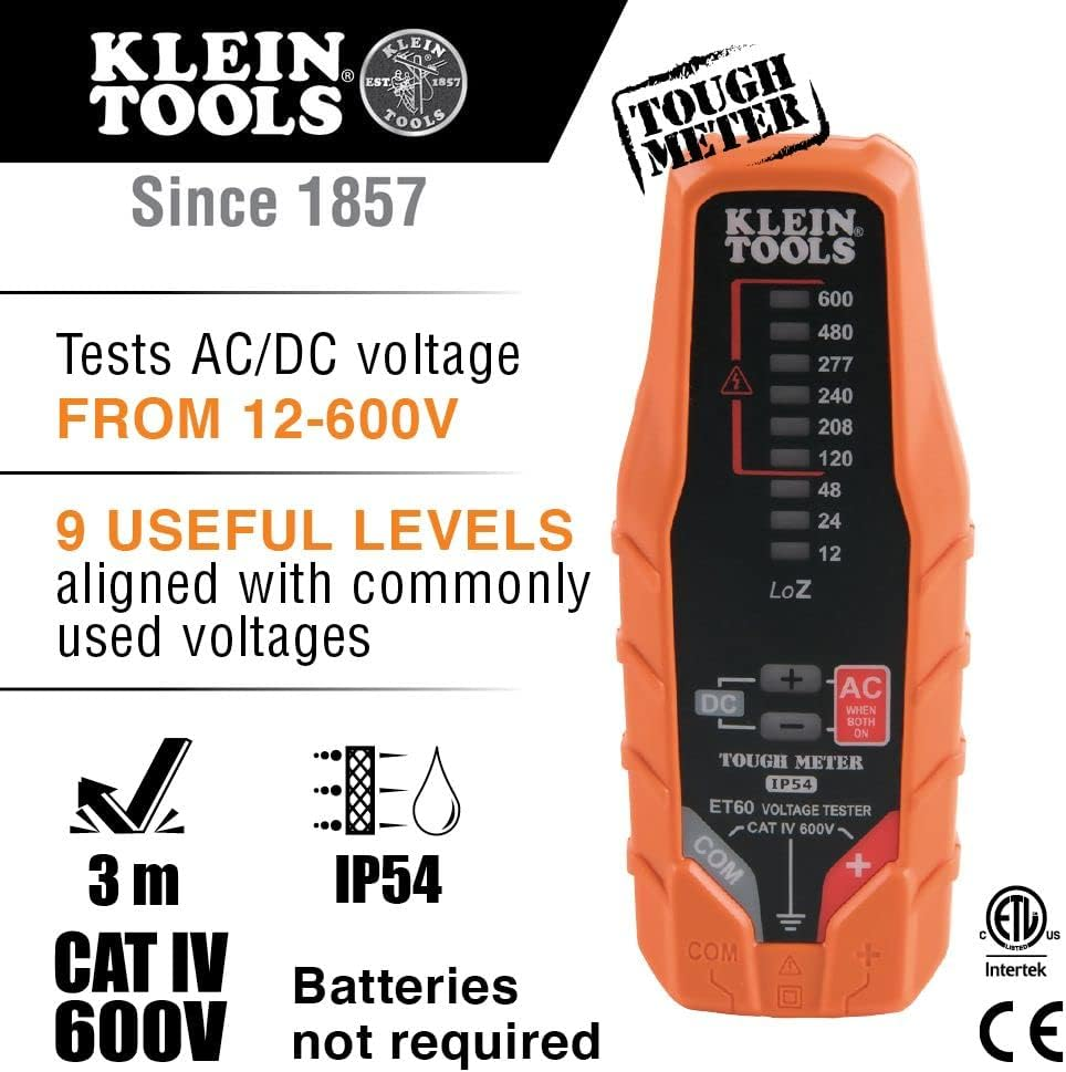 Klein Tools Electronic AC/DC Voltage Tester, Tests AC/DC Voltage from 12-600V, ET60 image number 3