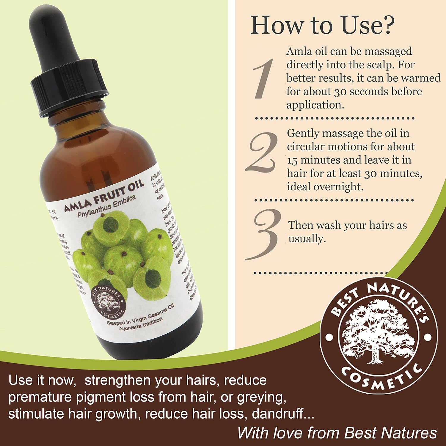 Best Nature'S Cosmetics Pure & Natural Indian Amla Oil, Indian Gooseberry Oil, Nourish the Scalp, Condition Dry and Brittle Hair, for Strong and Shiny Hair 2 Fl Oz / 60 Ml image number 2