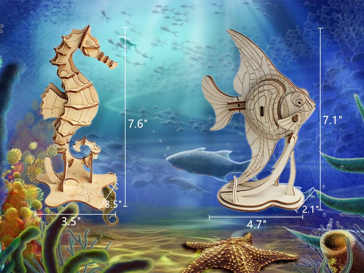 3D Wooden Sea Animal Puzzle - 6 Piece Set Wood Sea Animals Skeleton Assembly Model Kits - Wooden Crafts DIY Brain Teaser Puzzle - STEM Toys Gifts for Kids and Adults Teens Boys Girls image number 2