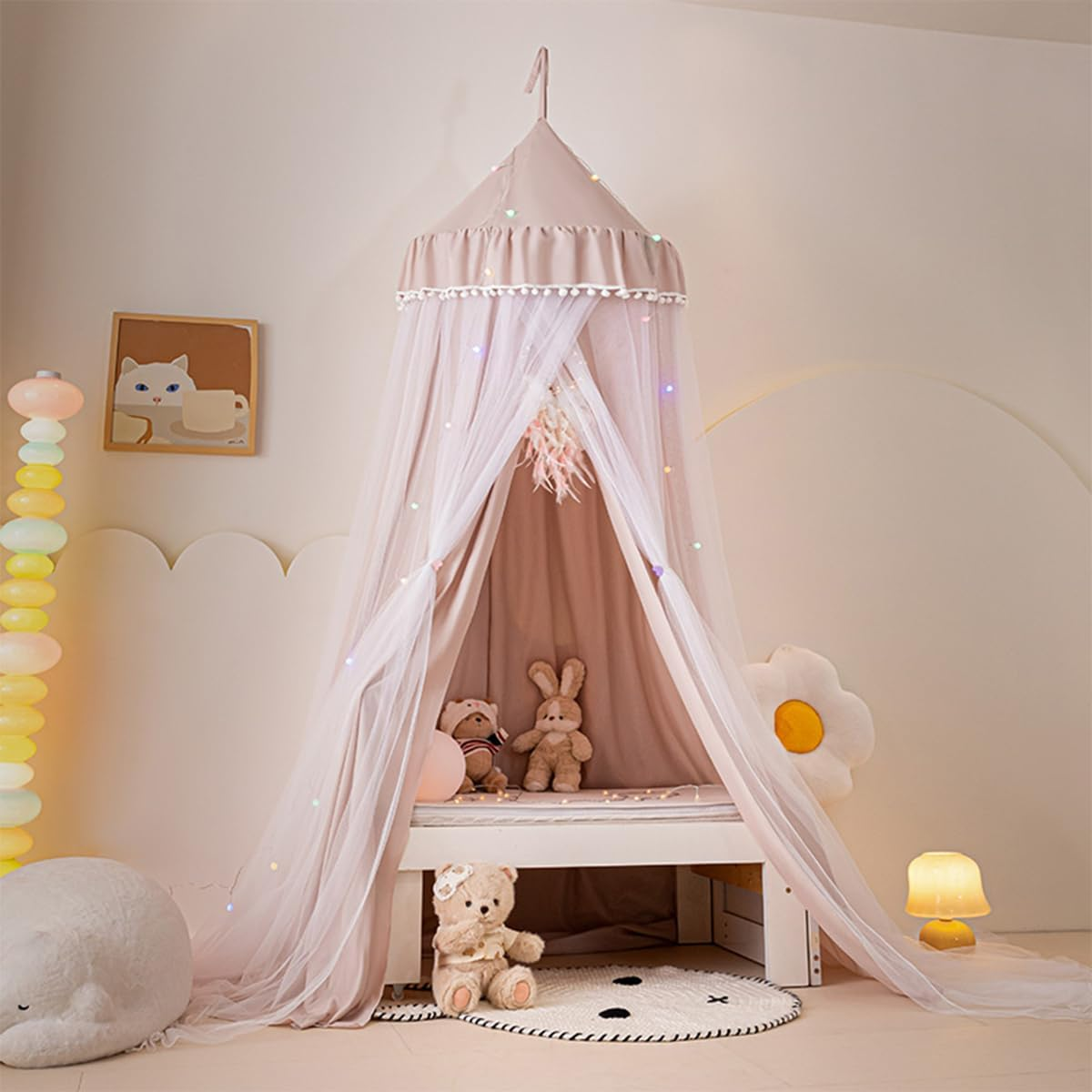 Bed Canopy for Kids Room, Double Layer Mosquito Net with Lights Hanging Play Tent Child Reading Nook round Dome Canopies Princess Castle Dreamy Bedding for Crib Girls Room House D&eacute;cor image number 6