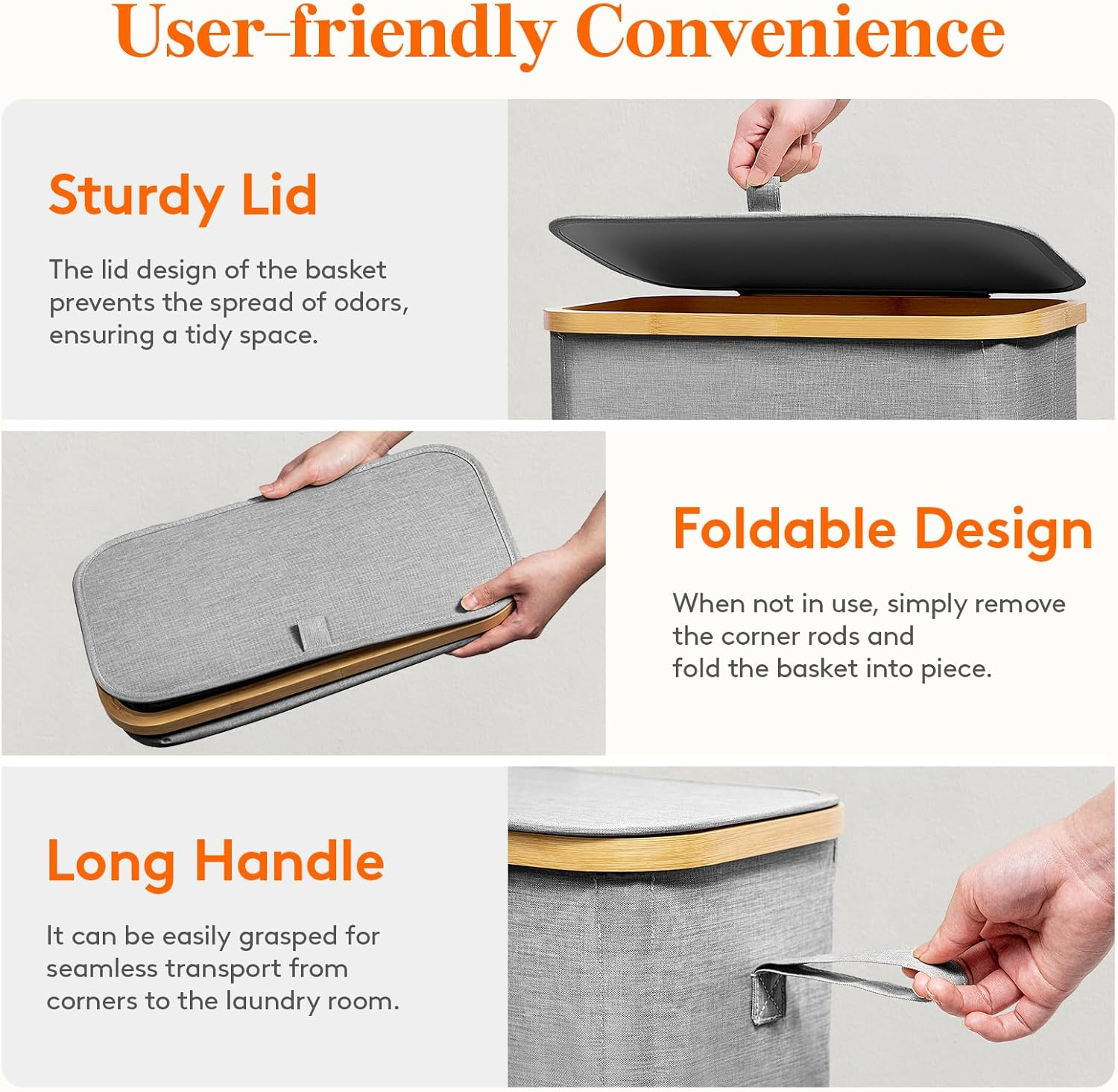 Lifewit 65L Slim Laundry Hamper with Lid, Narrow Laundry Basket with Removable Bag & Bamboo Handles, Fodable Thin Dirty Clothes Hamper for Laundry Collapsible Bin for Bathroom Bedroom Dorm, Gray image number 5